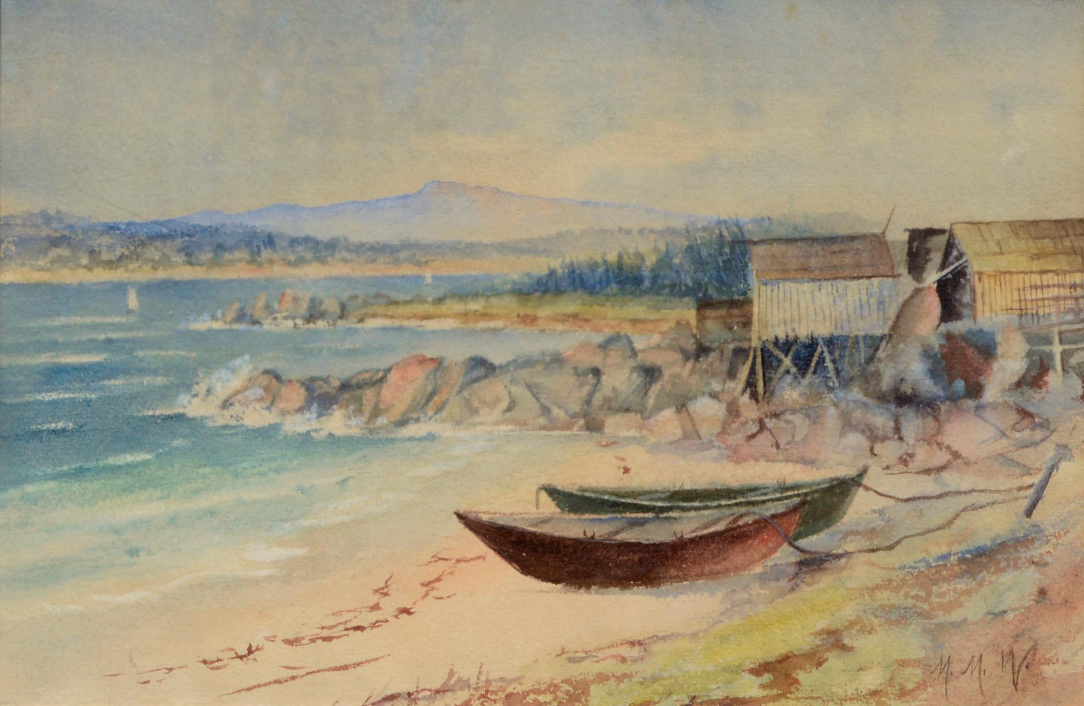 „Boats at Low Tide“, Küstenlandschaft/Aquarell des frühen 20. Jahrhunderts  – Art von Melvena M. Benjamin Wade