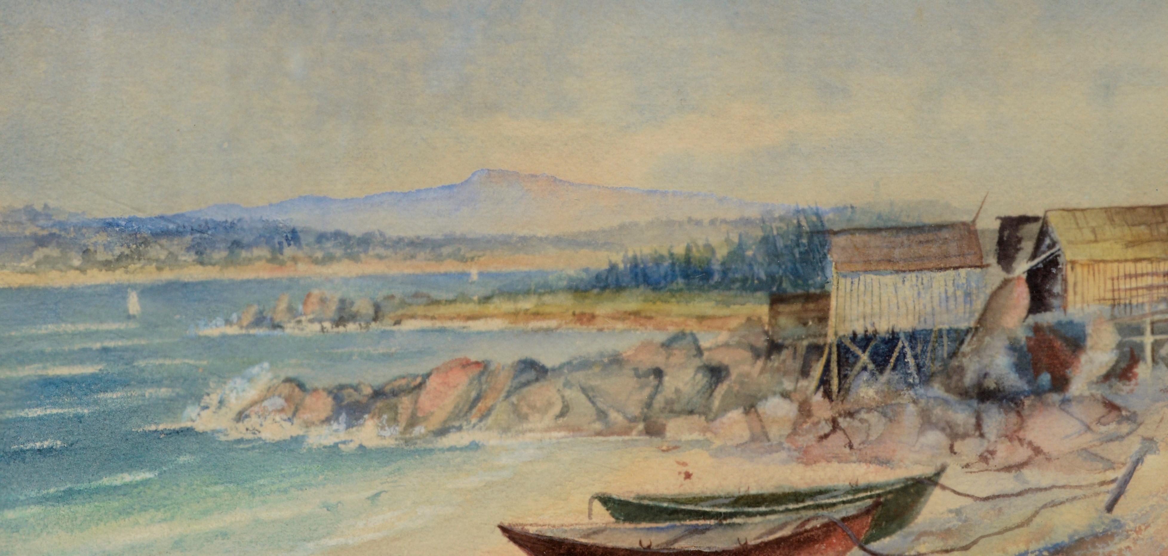 „Boats at Low Tide“, Küstenlandschaft/Aquarell des frühen 20. Jahrhunderts  (Amerikanischer Impressionismus), Art, von Melvena M. Benjamin Wade
