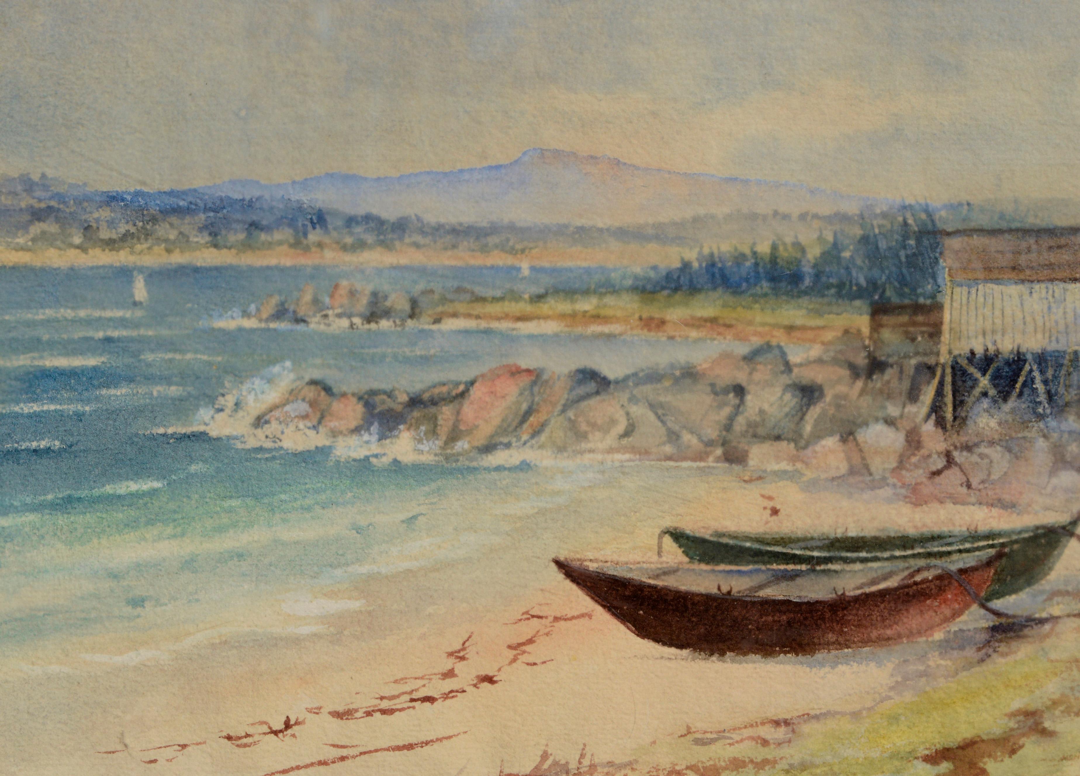 „Boats at Low Tide“, Küstenlandschaft/Aquarell des frühen 20. Jahrhunderts  (Braun), Landscape Art, von Melvena M. Benjamin Wade