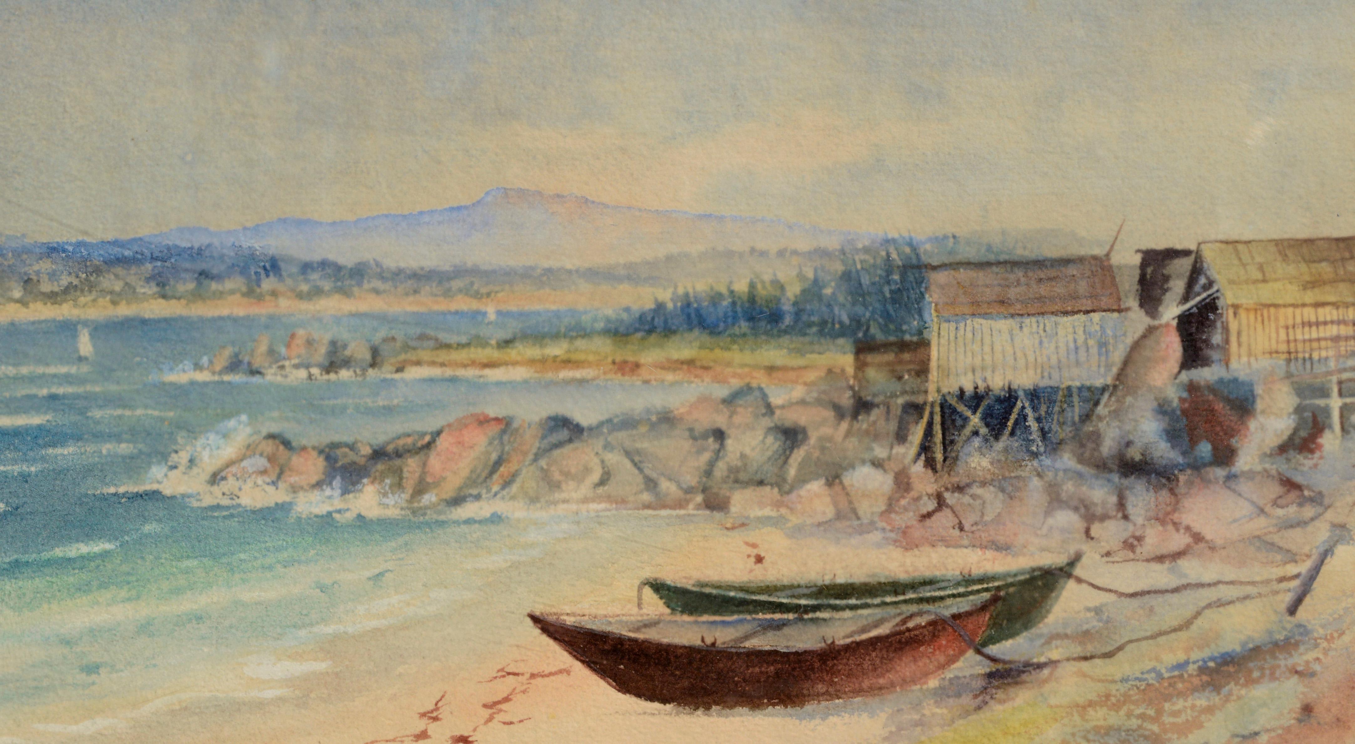 Idyllische Seelandschaft aus dem frühen 20. Jahrhundert mit kleinen Booten an der Küste von Melvena M. Wade, einer Pionierin der kalifornischen Aquarellmalerei (Kanadierin/Amerikanerin, 1862-1922). Paraphiert 