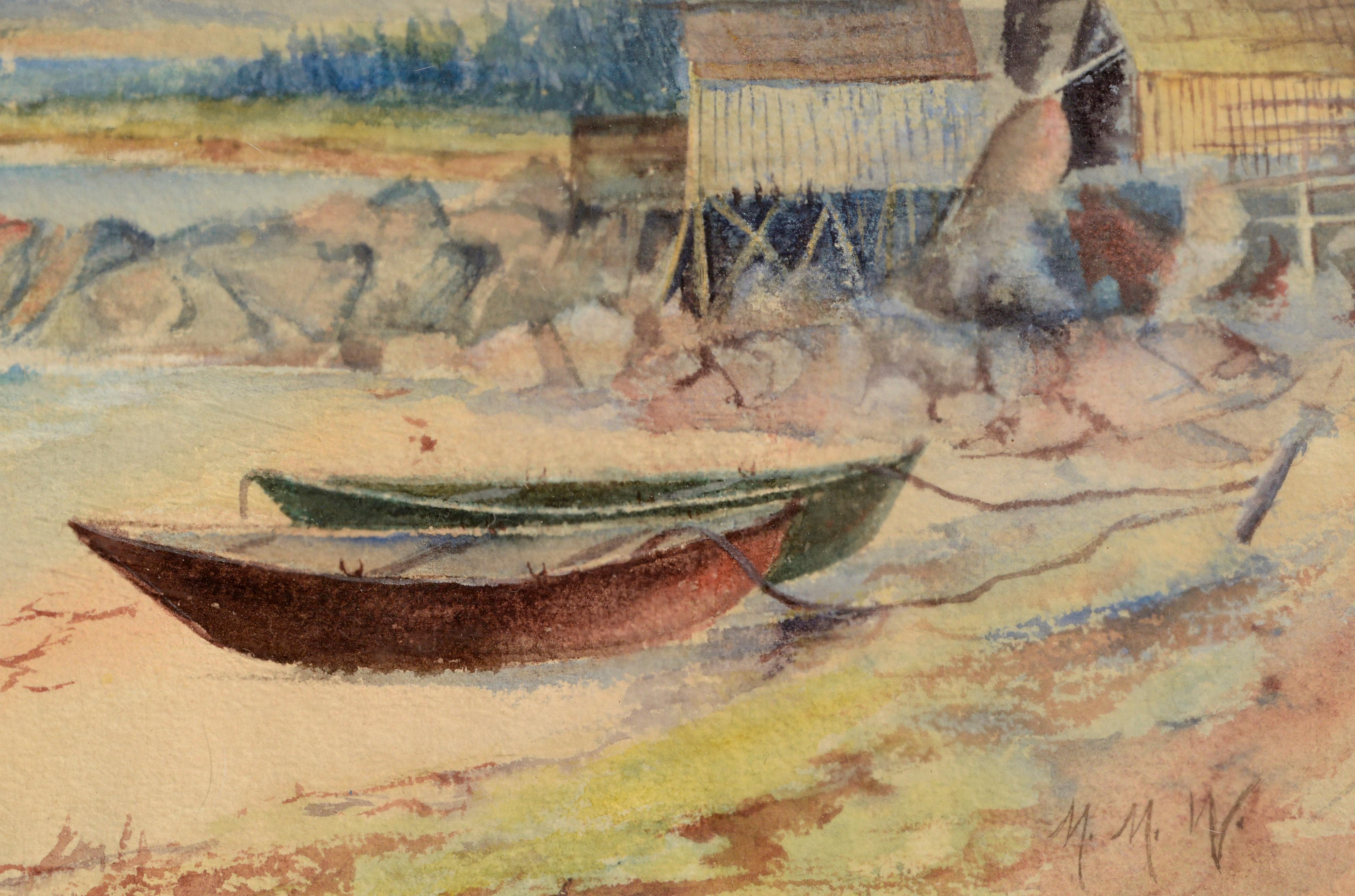 „Boats at Low Tide“, Küstenlandschaft/Aquarell des frühen 20. Jahrhunderts  im Angebot 1