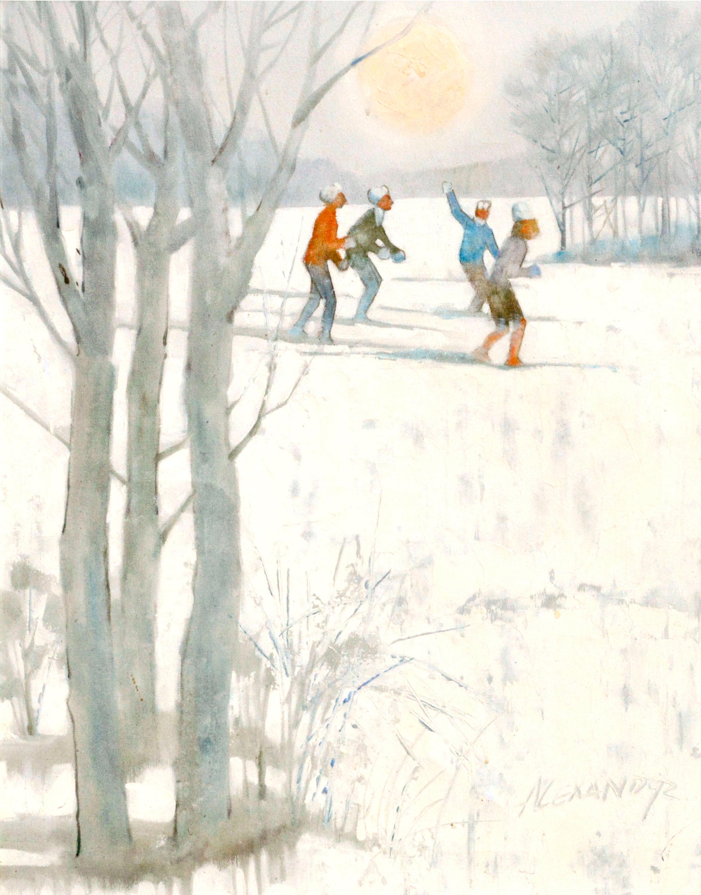 Snowy Skiers - Figurative Colorado Winter Landscape  - Painting by Bill Alexander