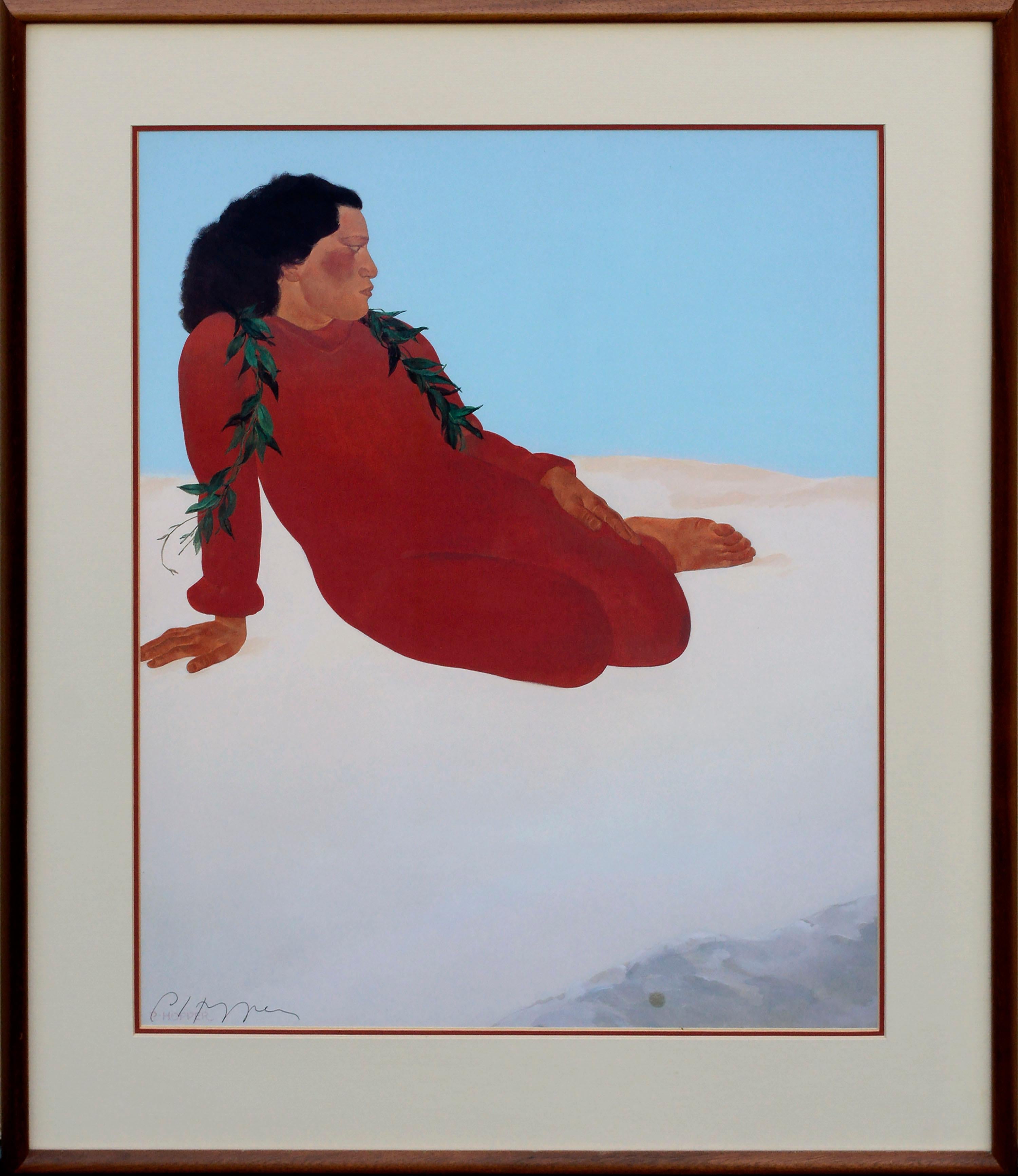 Pegge Hopper  Figurative Print - Woman in Red Dress, Reclining Figure Signed Print 