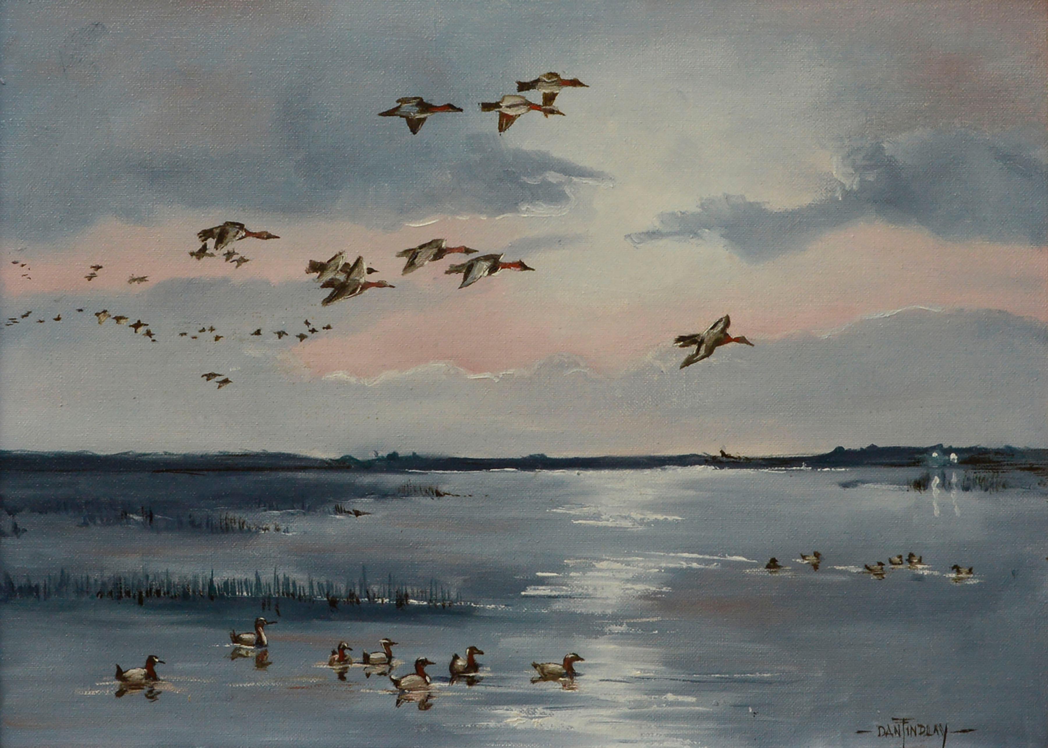 Paysage marin avec horloge de canards  - Painting de Dan Findlay