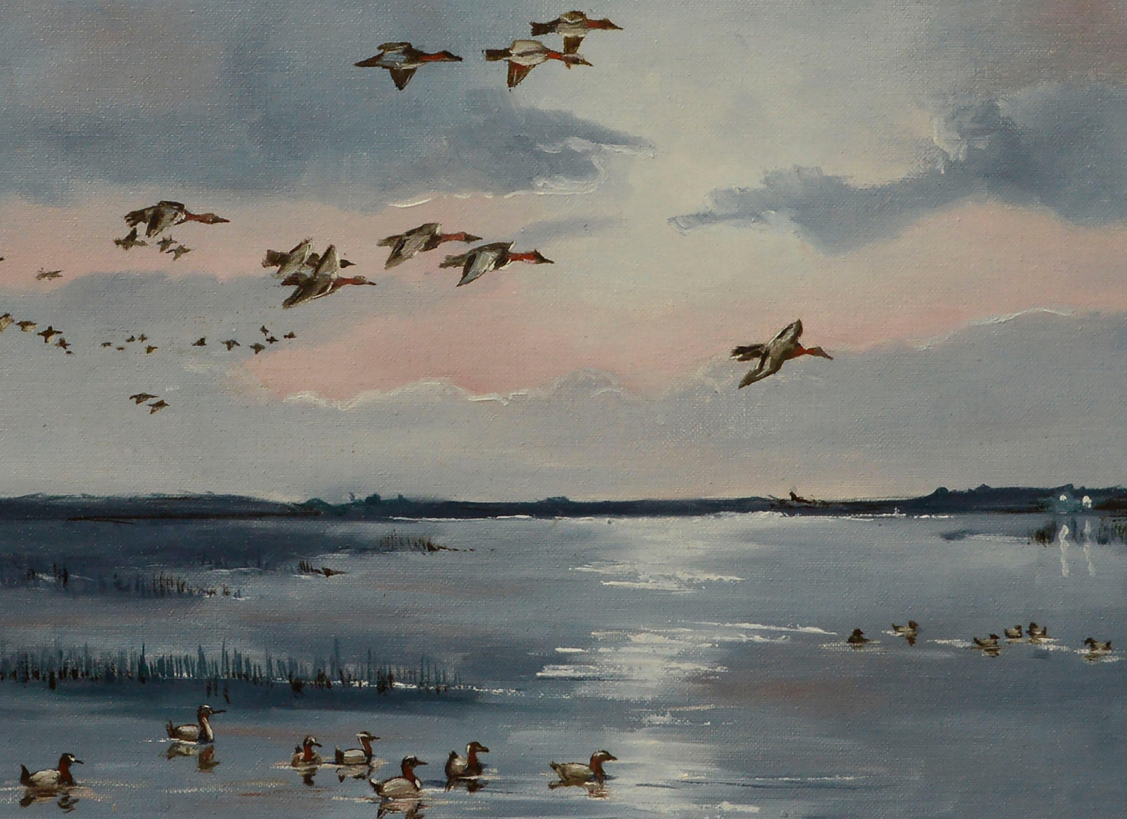 Paysage marin avec horloge de canards  - Impressionnisme américain Painting par Dan Findlay
