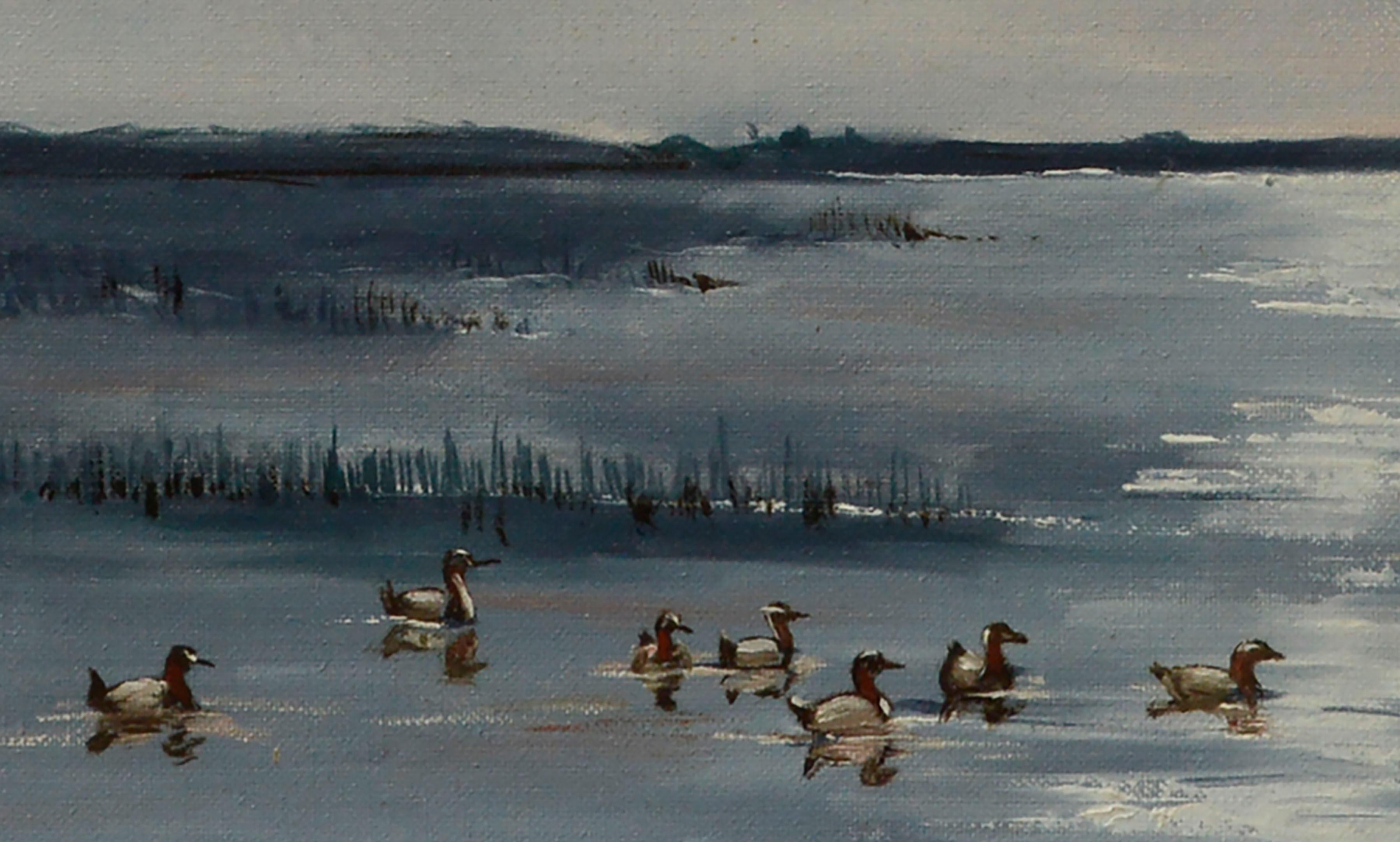 Seascape with Flock of Ducks  - American Impressionist Painting by Dan Findlay
