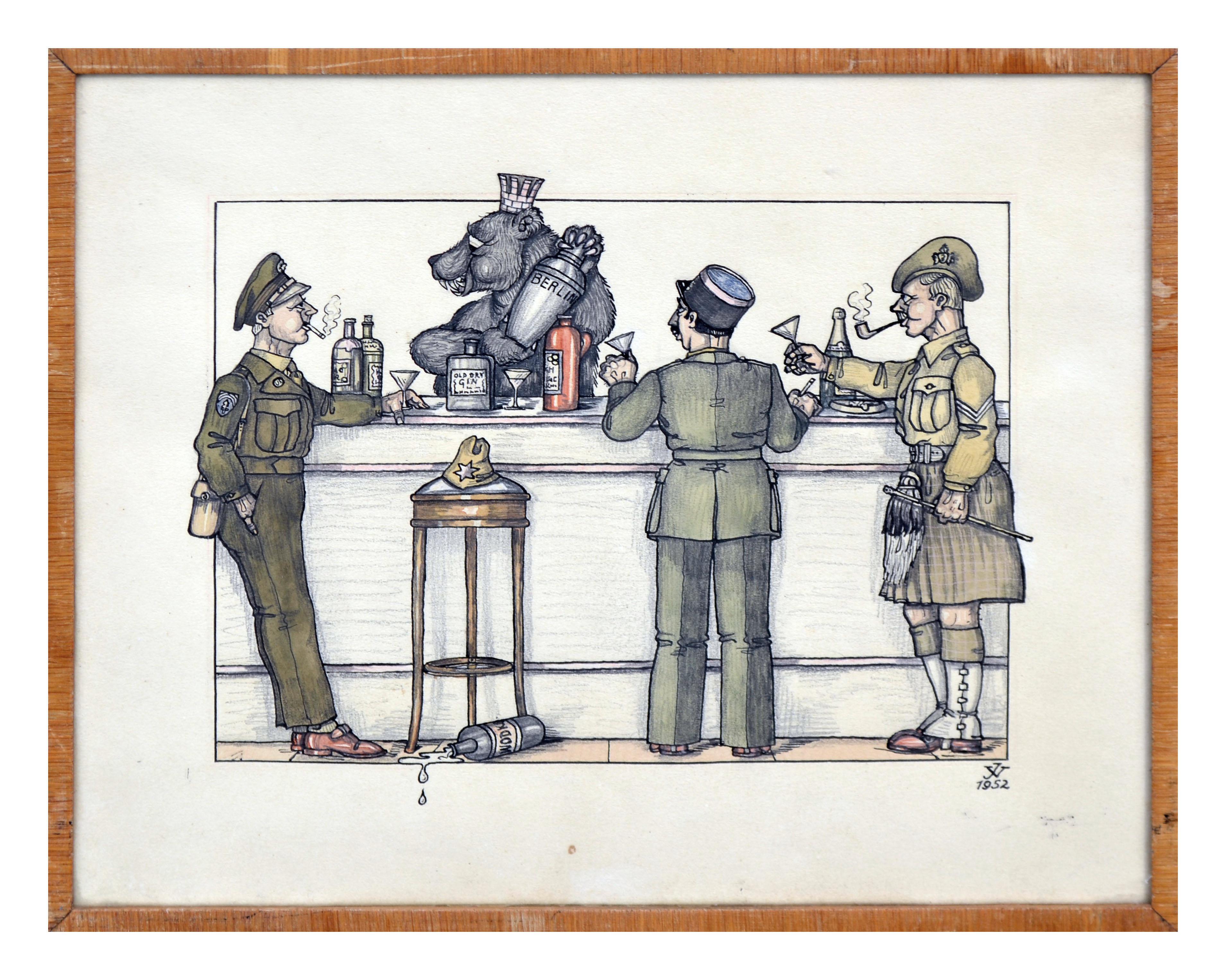 Unknown Figurative Art - Mid Century Berlin Tavern with Russian Bear Illustration 