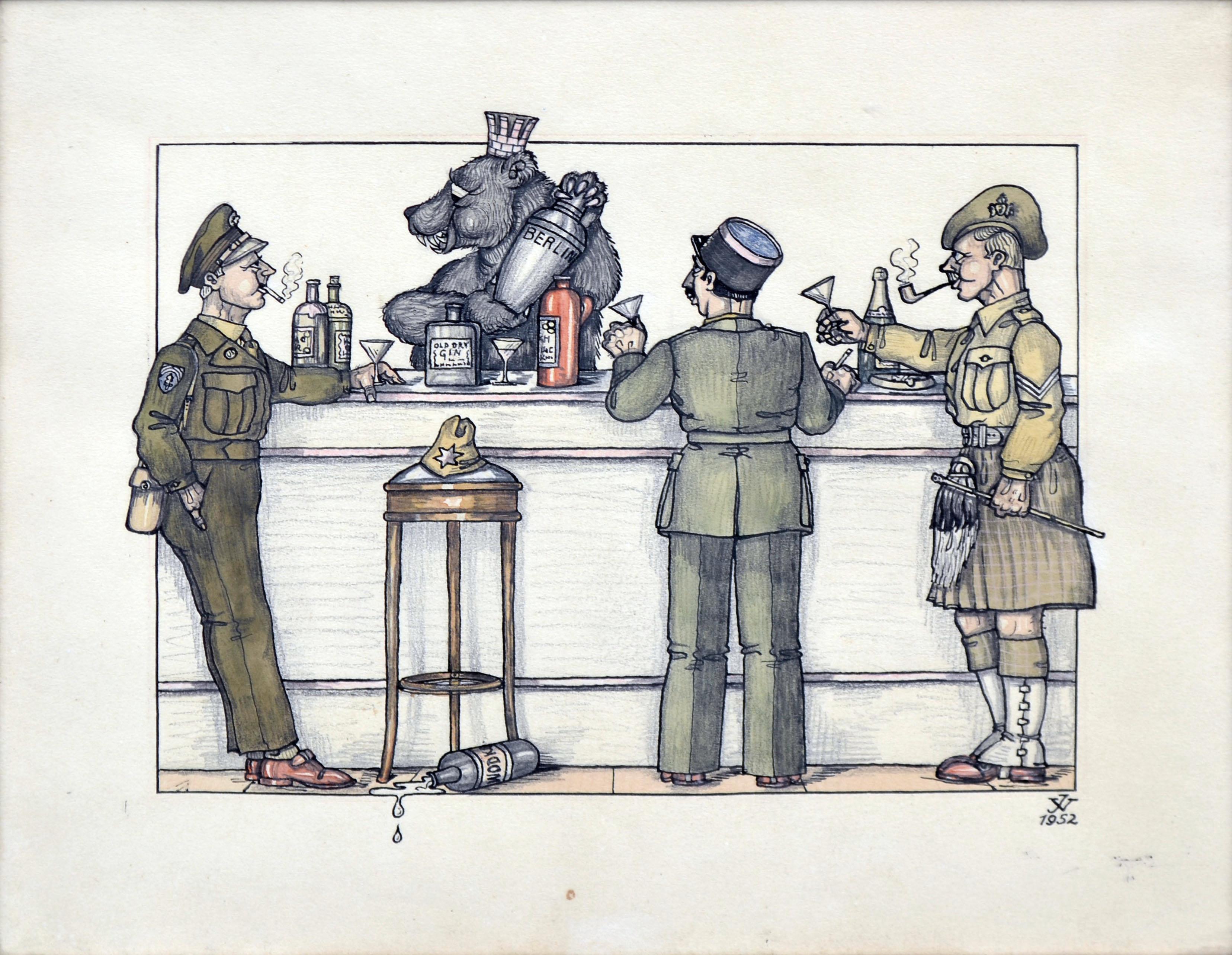 Mid Century Berlin Tavern with Russian Bear Illustration  - Art by Unknown