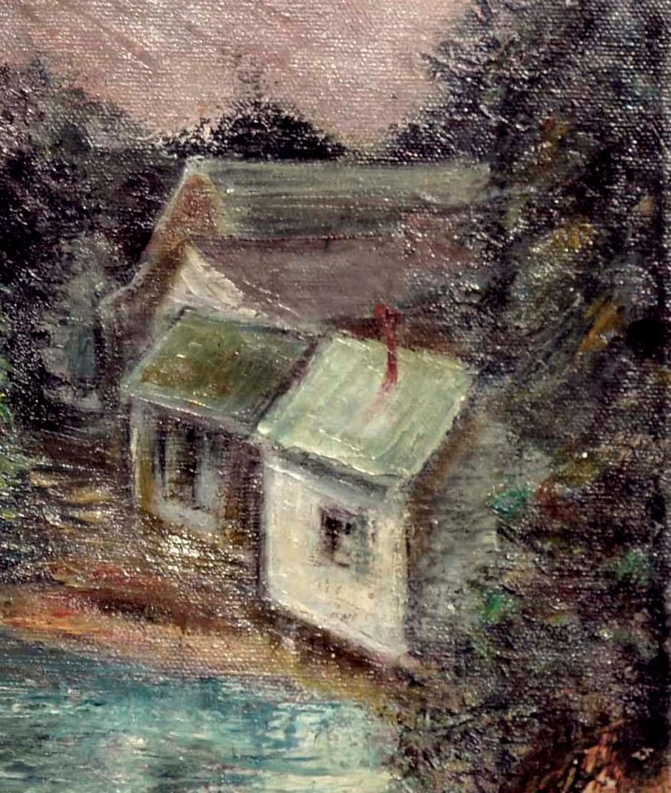 Paesaggio impressionista di cabine su un lago di N.C. McNickle (americano, XX secolo). Senza cornice. Firmato 
