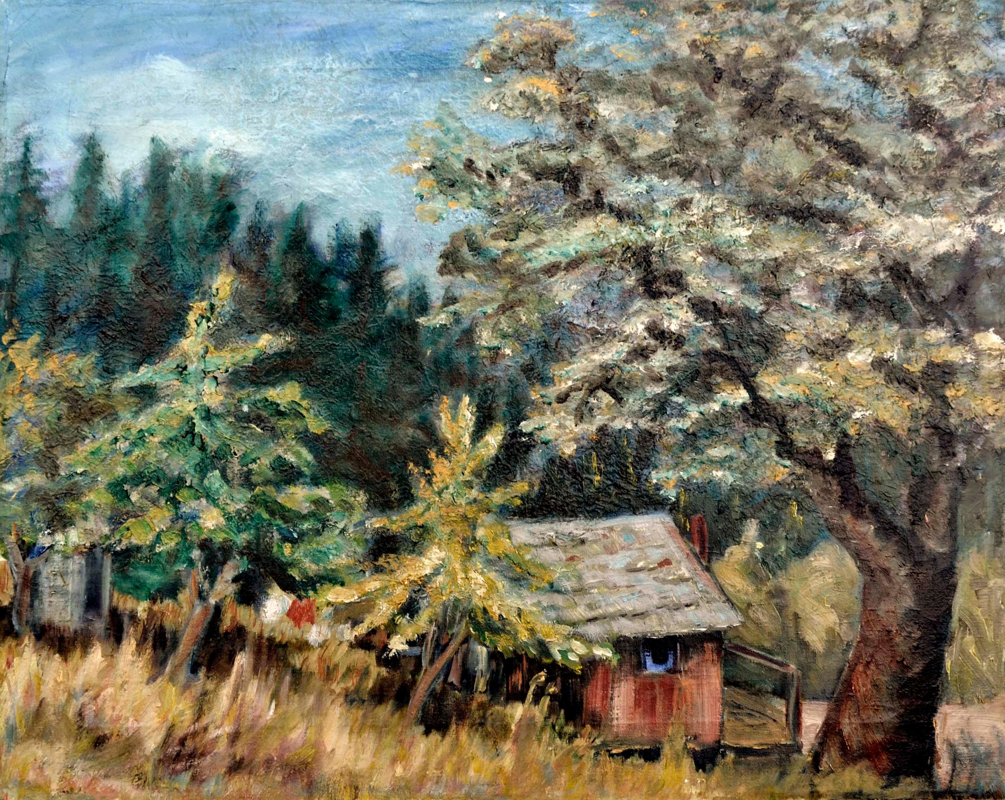 N.C. McNickle Landscape Painting - Cabin in the Trees Landscape 