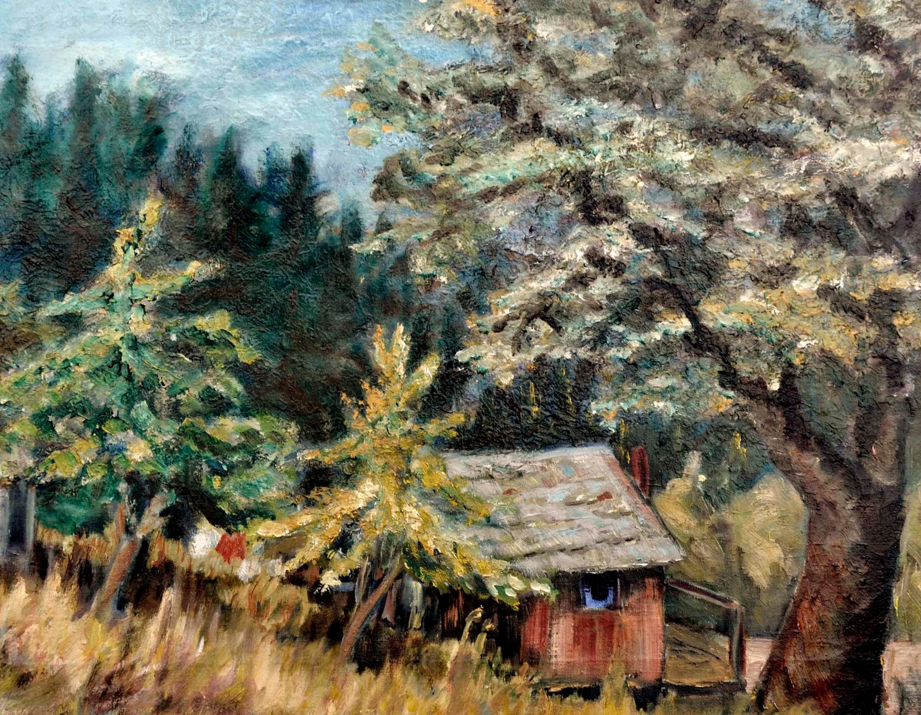 Cabin in the Trees Landscape  - Painting by N.C. McNickle