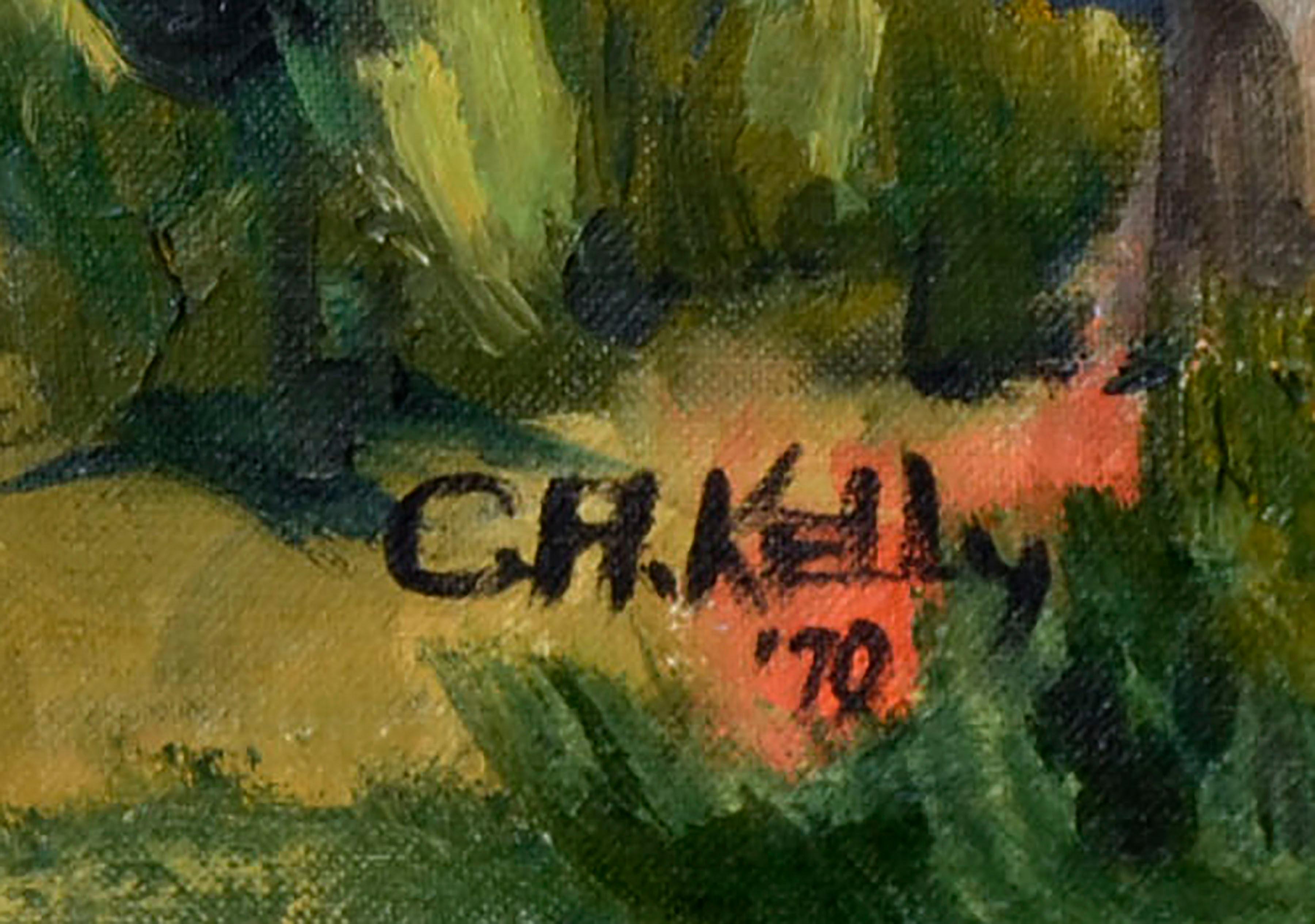 Le long du chemin lors d'une promenade, une peinture à l'huile impressionniste et vivante de Carol H. Kelly (américaine, 20e siècle). Signé 