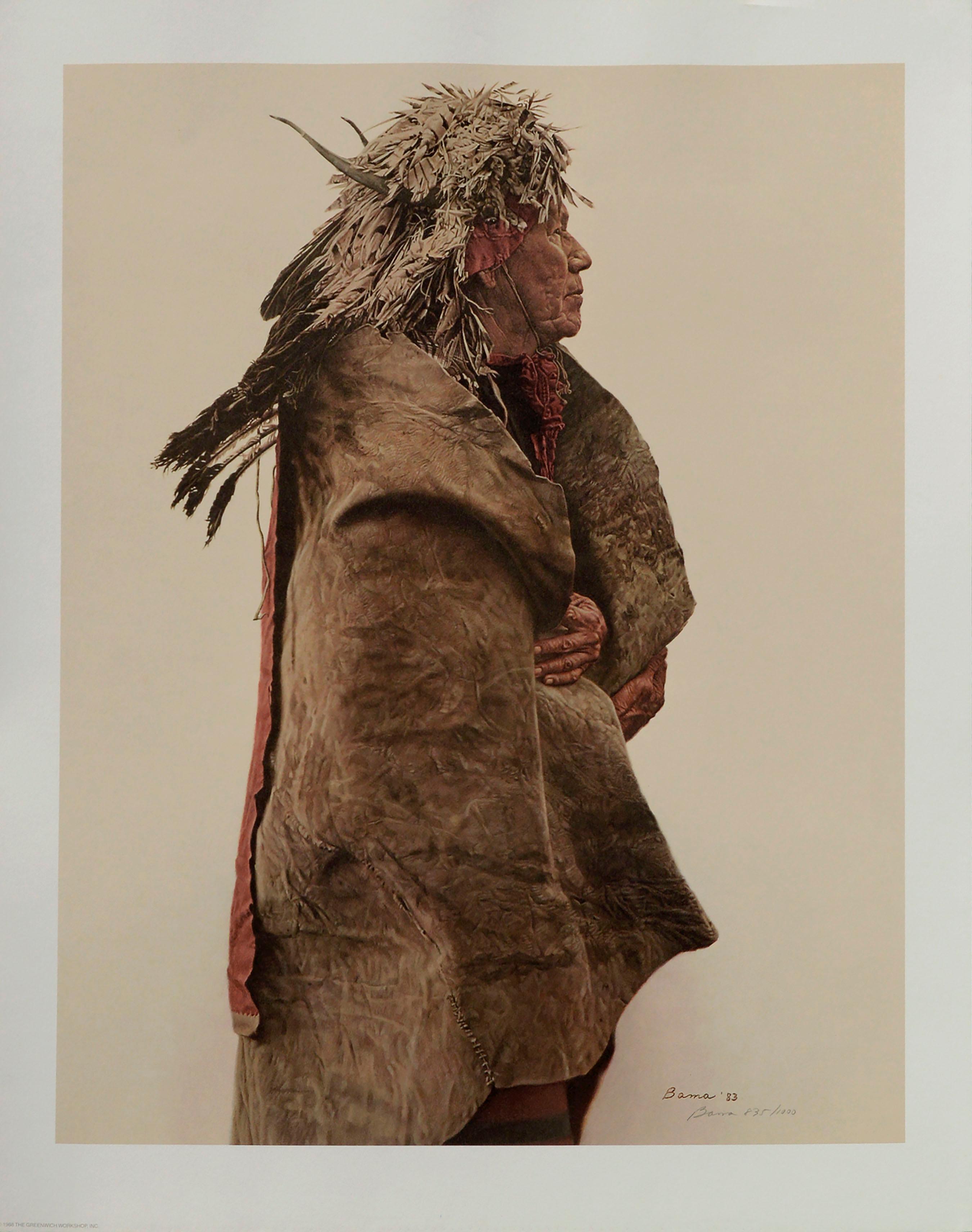 Crow Indian Wearing 1860's War Medicine Bonnet, 835/1000 - Print by James Bama