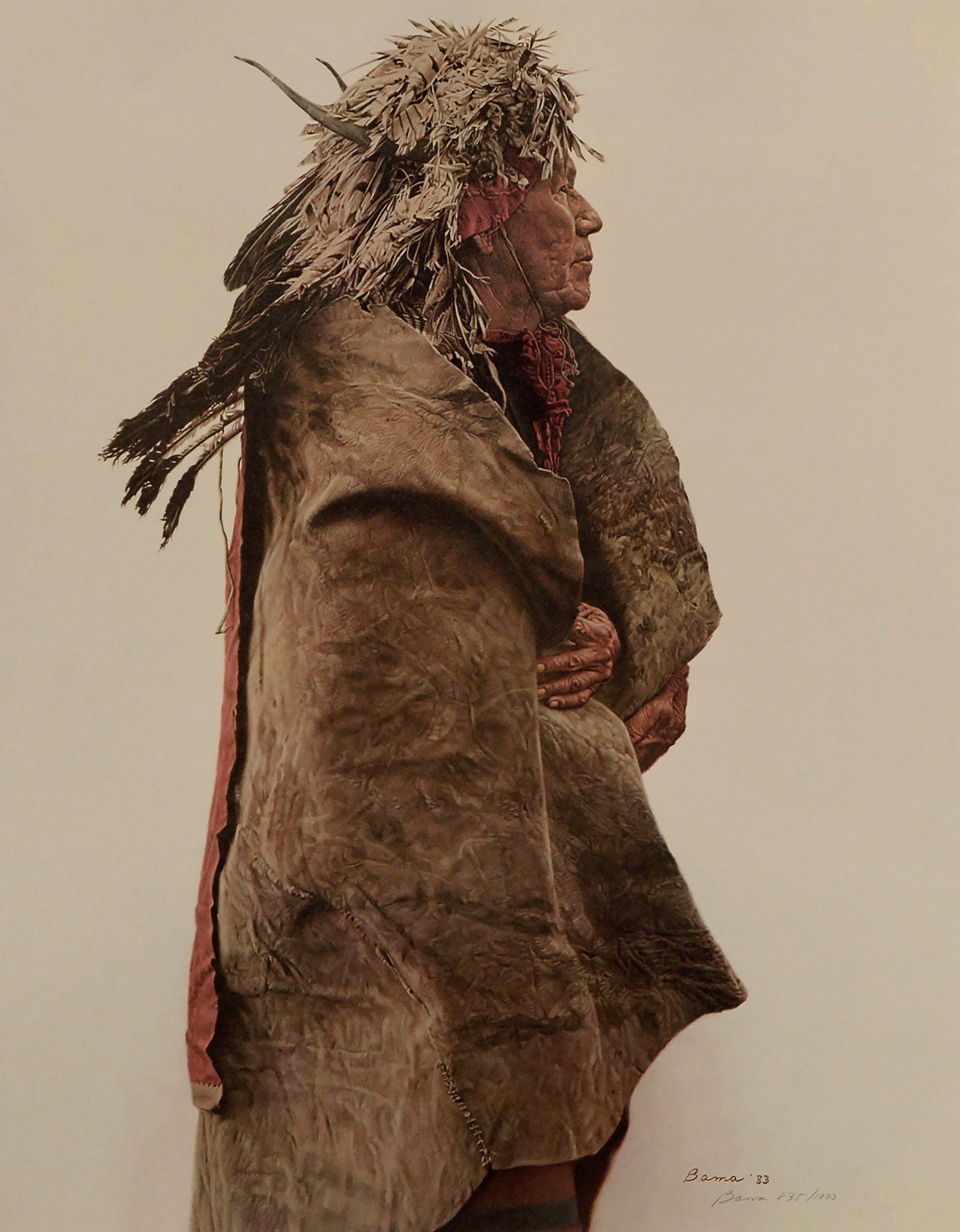James Bama Figurative Print - Crow Indian Wearing 1860's War Medicine Bonnet, 835/1000