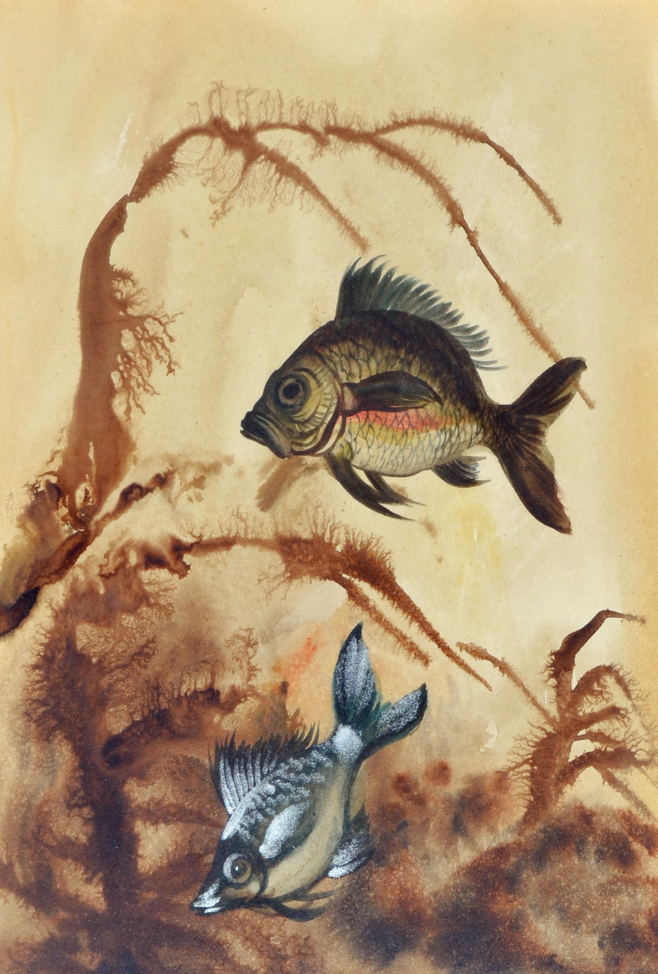 Vintage Black & Blue Goldfish - Painting by Vittorio Guidotti