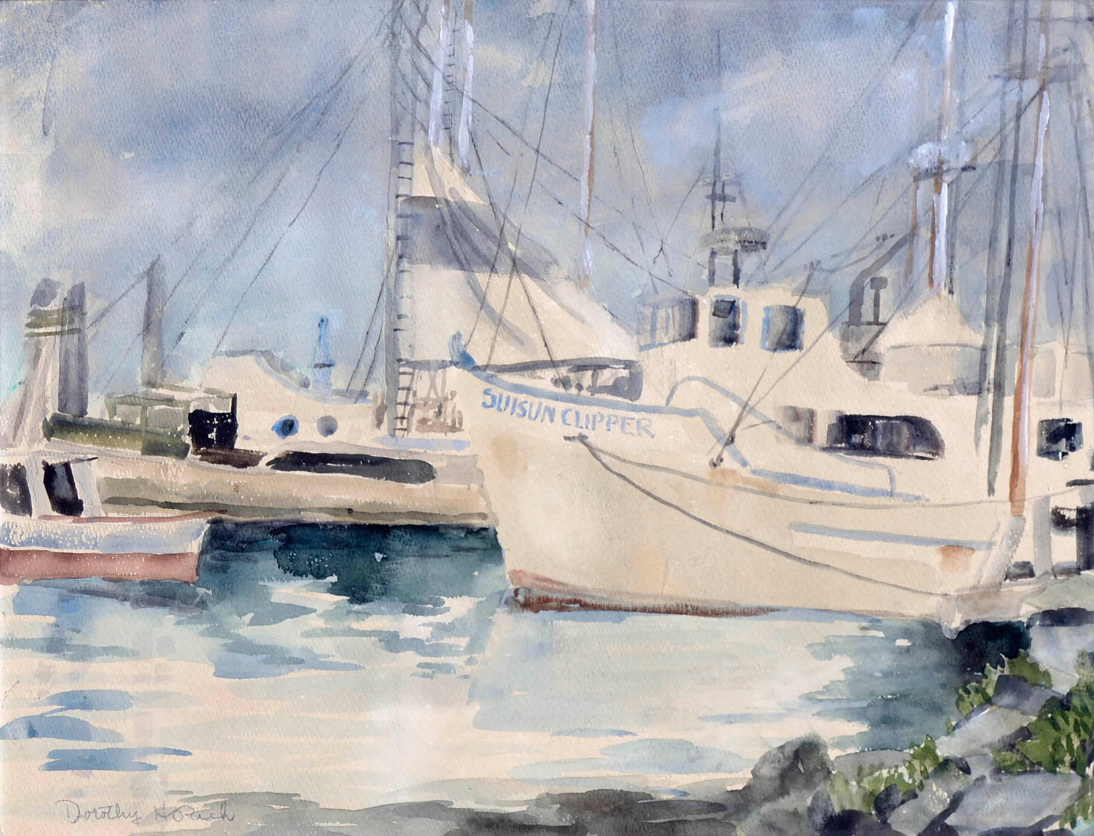 Boats at Moss Landing Harbor, Mid Century Seascape  - Art by Dorothy Ruth Houghton Rich