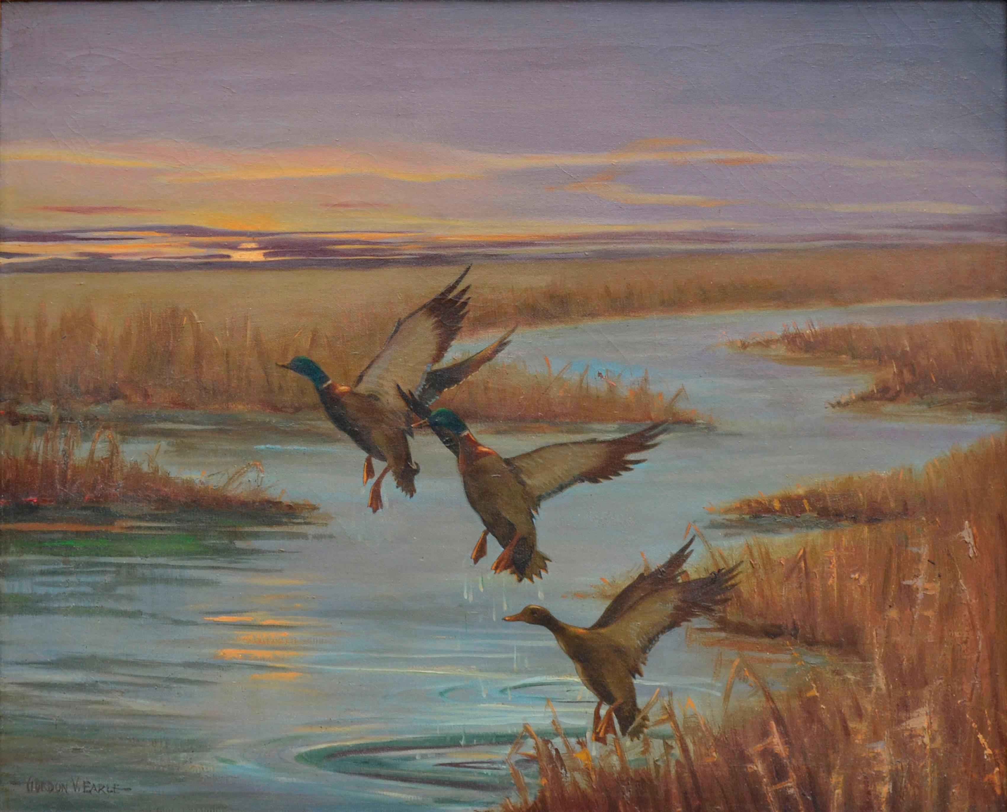 Mallards Take Flight, Mid Century Louisiana Marsh Landscape  - Painting by Gordon V. Earle 