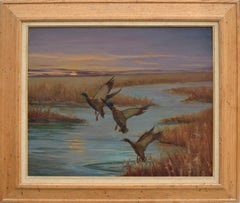 Mallards Take Flight, Mid Century Louisiana Marsh Landscape 