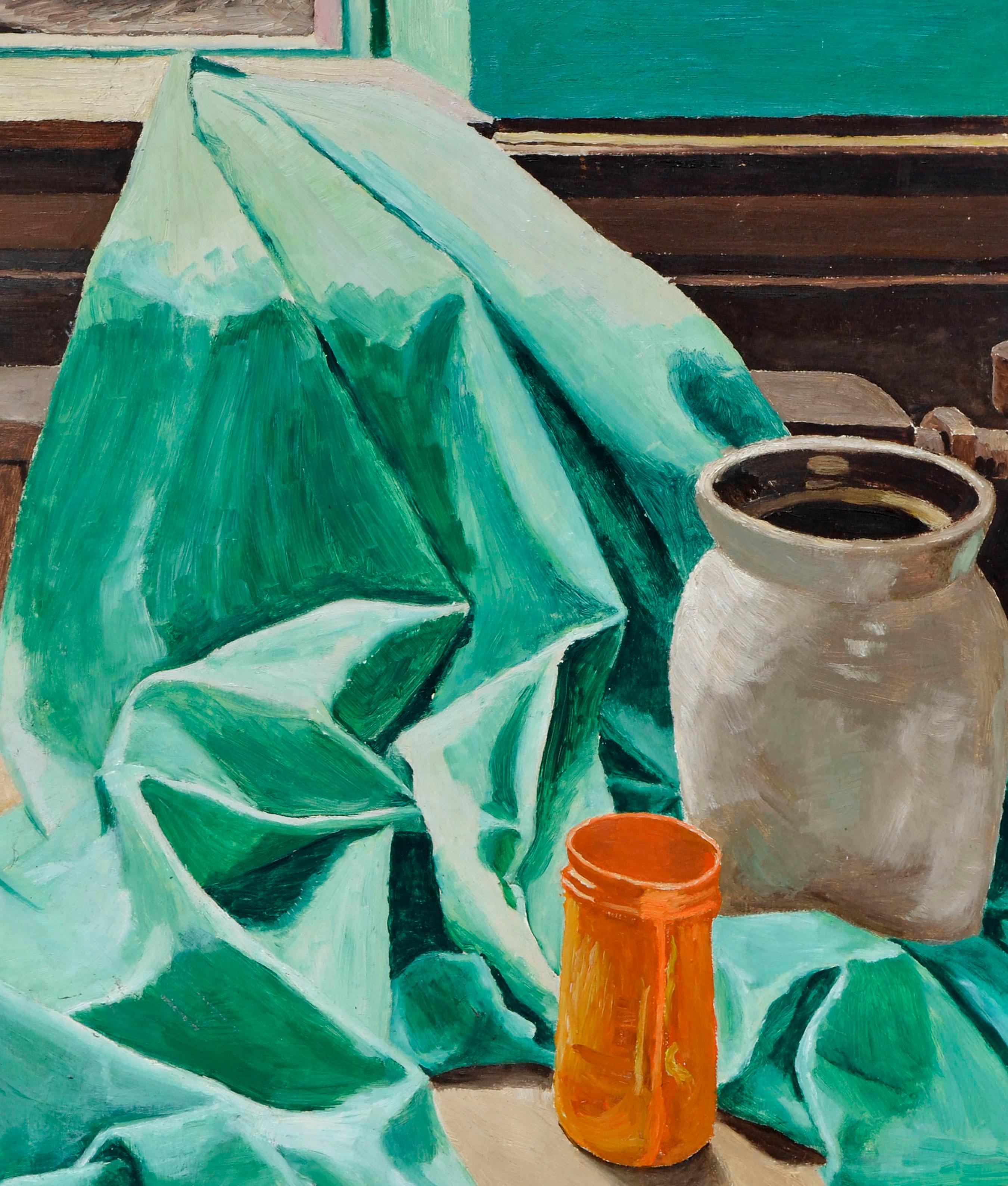 Natura morta di metà secolo con drappo verde - Painting di W. Gray 