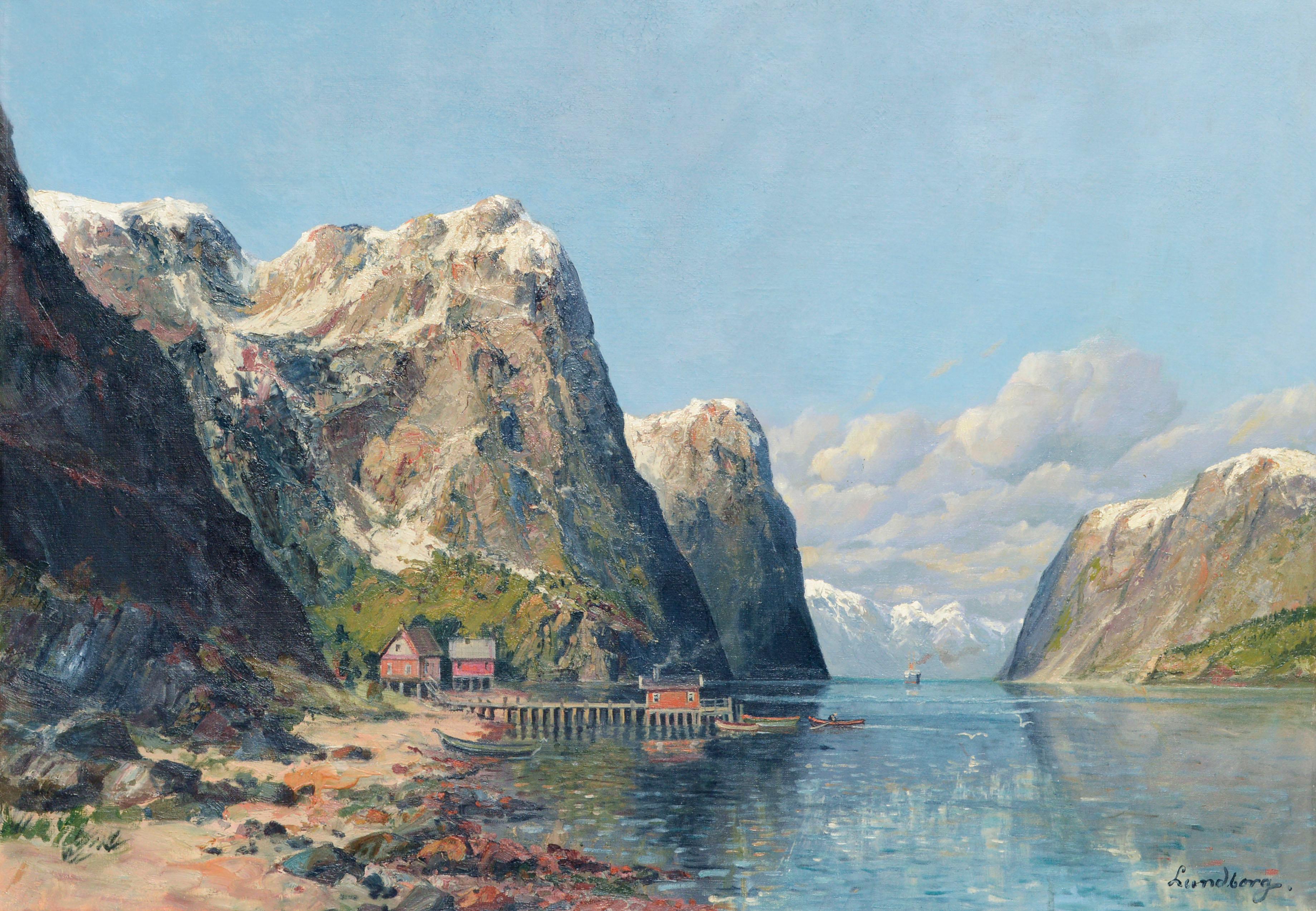 Norwegian Fjord Landscape by Lundborg - Painting by Unknown