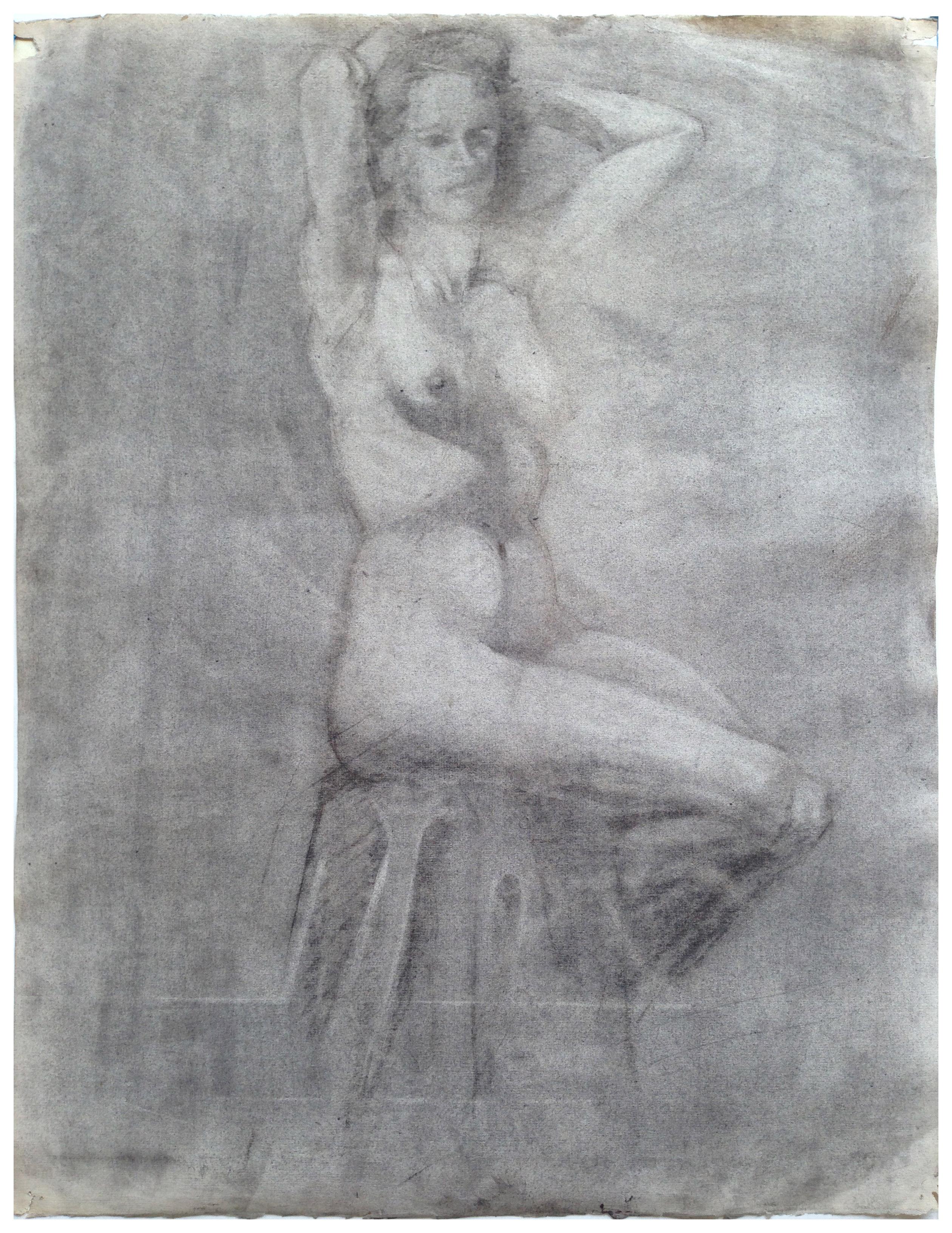 Unknown Figurative Art - 1940s Seated Nude Figure Study 