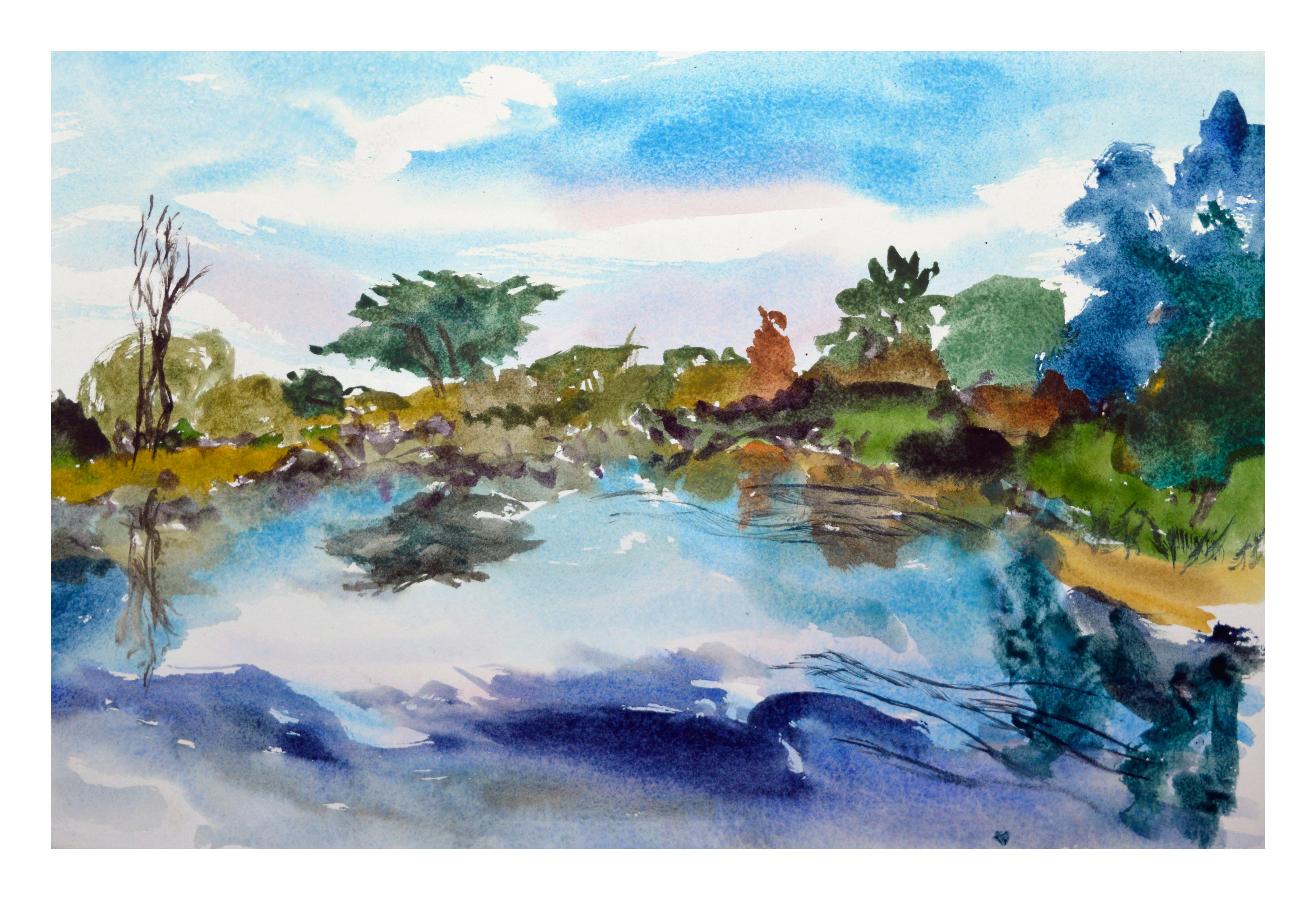 Acuarela colorista de dos caras; un bodegón de flores de vivos colores con un cuenco de fruta, y un paisaje marino costero en el verso, de Les (Leslie Luverne) Anderson (estadounidense, 1928-2009). De la finca de Les Anderson en Monterey,