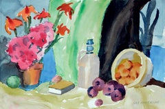 Nature morte de fleurs et de fruits / Paysage marin côtier - Aquarelle biface 