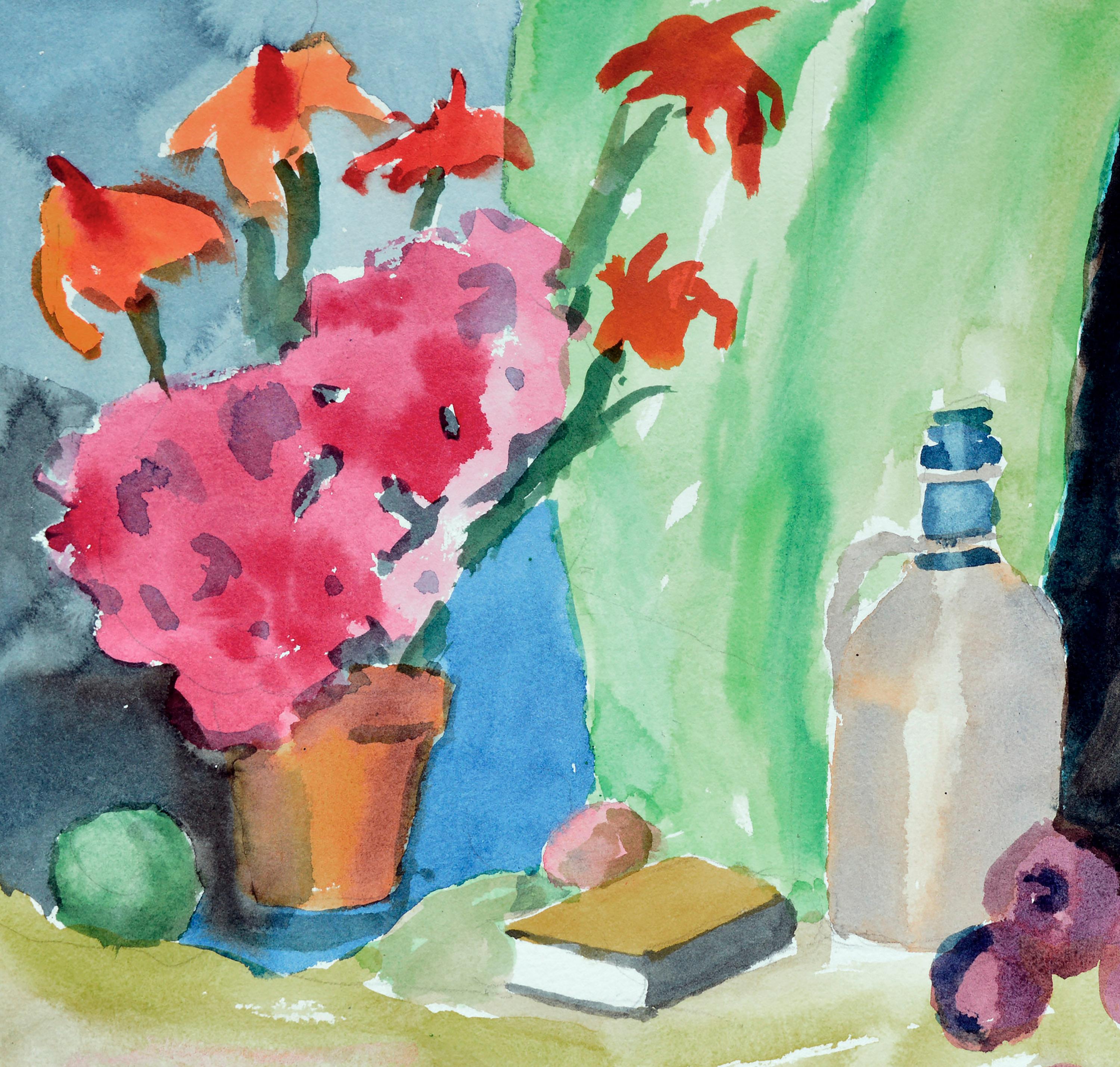 Nature morte de fleurs et de fruits / Paysage marin côtier - Aquarelle biface  - Art de Les Anderson