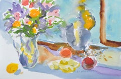 Table Nature morte de printemps avec bouquet de fleurs et fruits