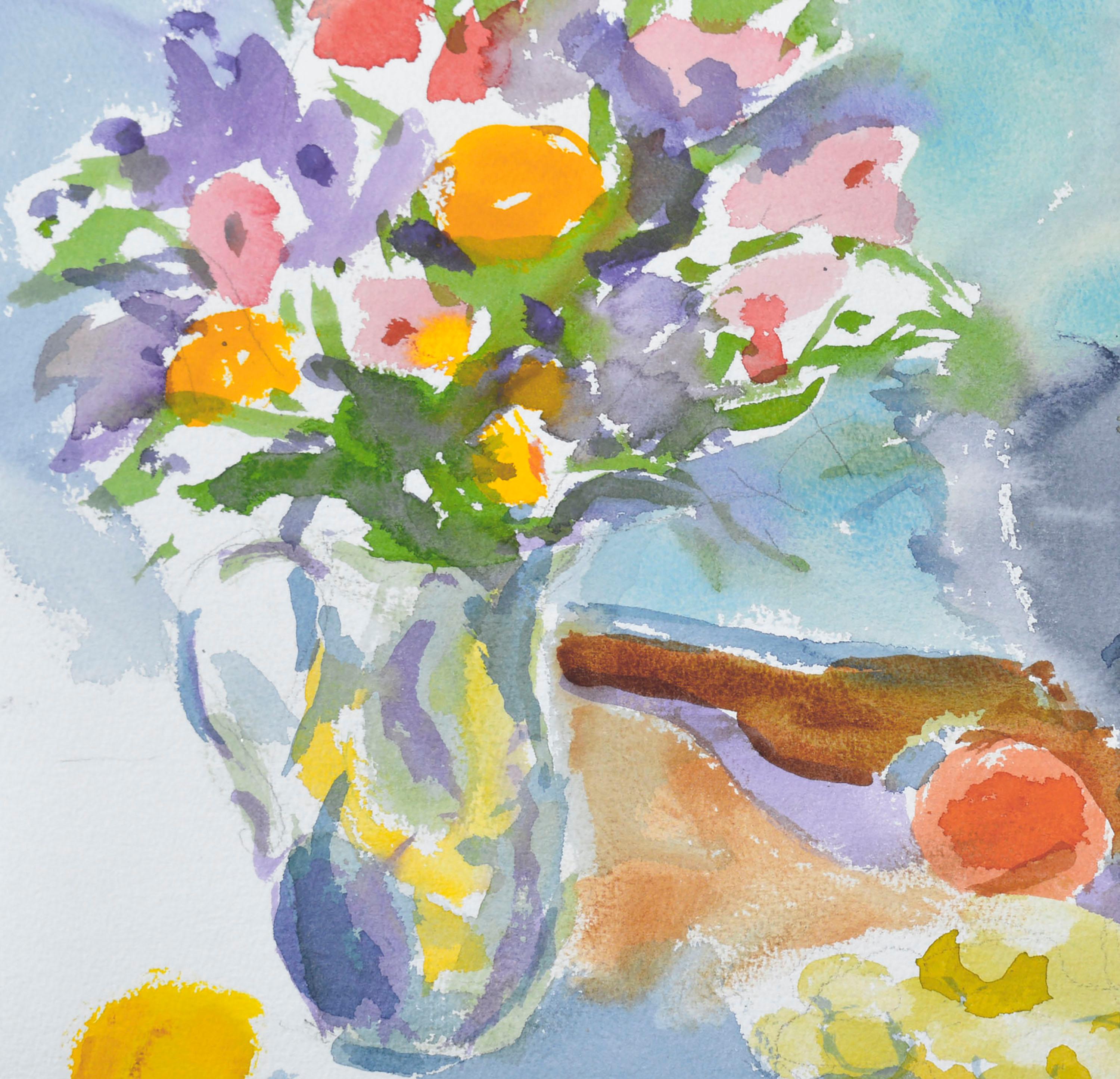 Spring Table Still Life with Floral Bouquet & Fruit - American Impressionist Art by Les Anderson