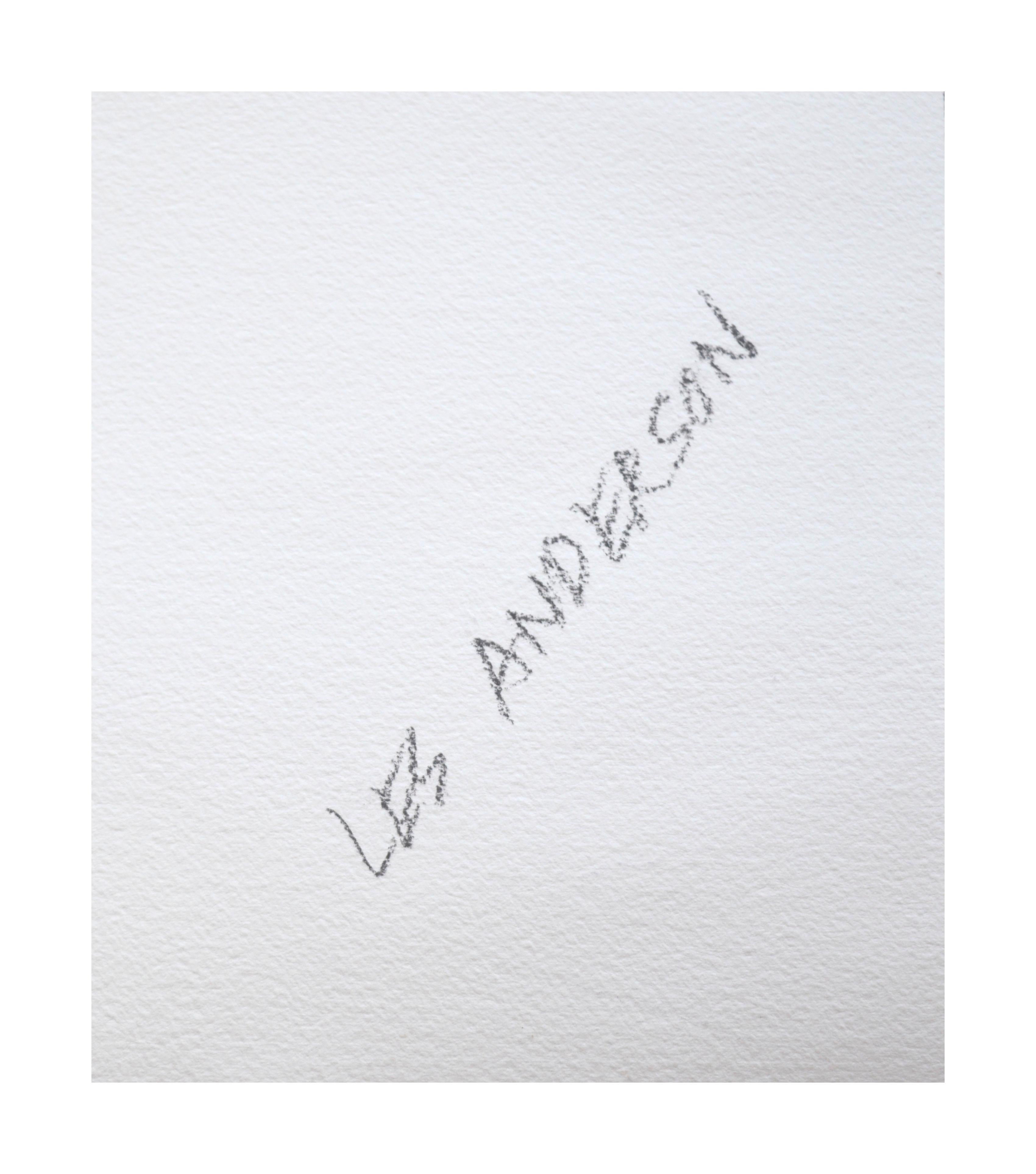 Abstrahierte herbstliche Komposition mit linearen und geometrischen Formen, die in einem leuchtenden Raum schweben, von Les (Leslie Luverne) Anderson (Amerikaner, 1928-2009). Verso signiert 