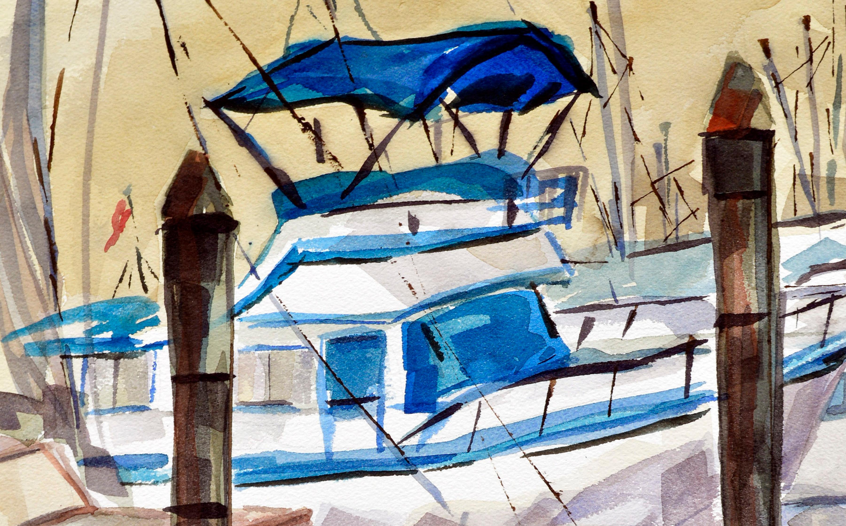 Paesaggio marino vintage con barca a vela - Art Impressionismo americano di Doris Warner