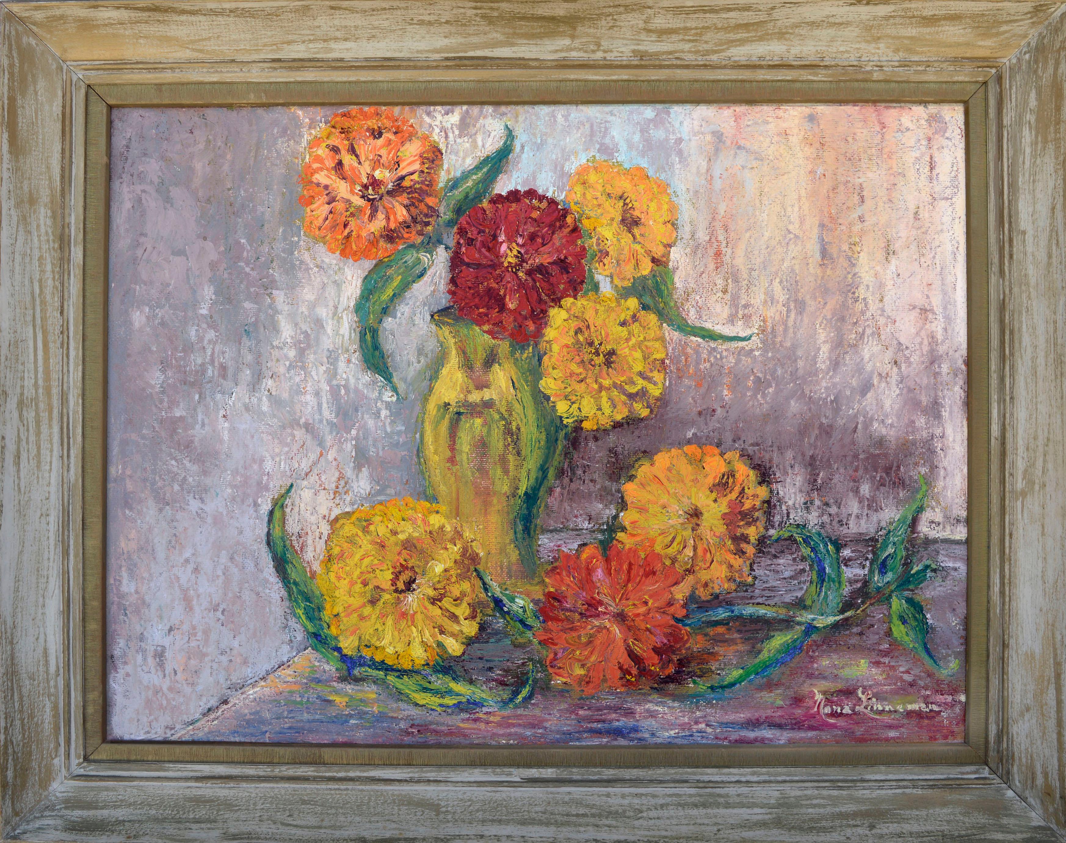 Nona Beck Linneman Interior Painting – Mid Century Modern Impasto Zinnia Floral Still Life 