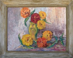 Vintage Mid Century Modern Impasto Zinnia Floral Still Life 