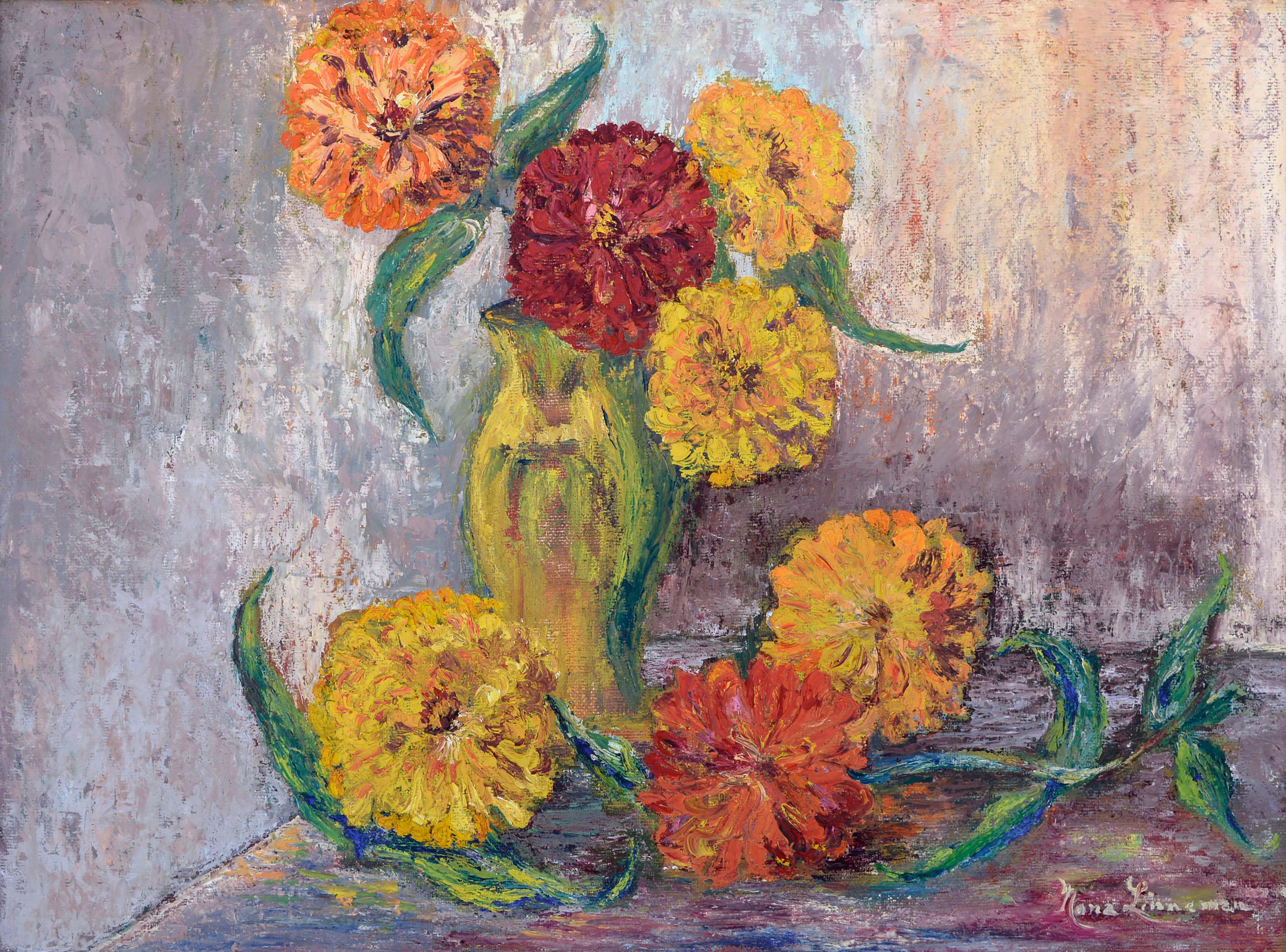 Mid Century Modern Impasto Zinnia Floral Still Life  – Painting von Nona Beck Linneman