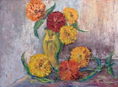 Mid Century Modern Impasto Zinnia Floral Still Life