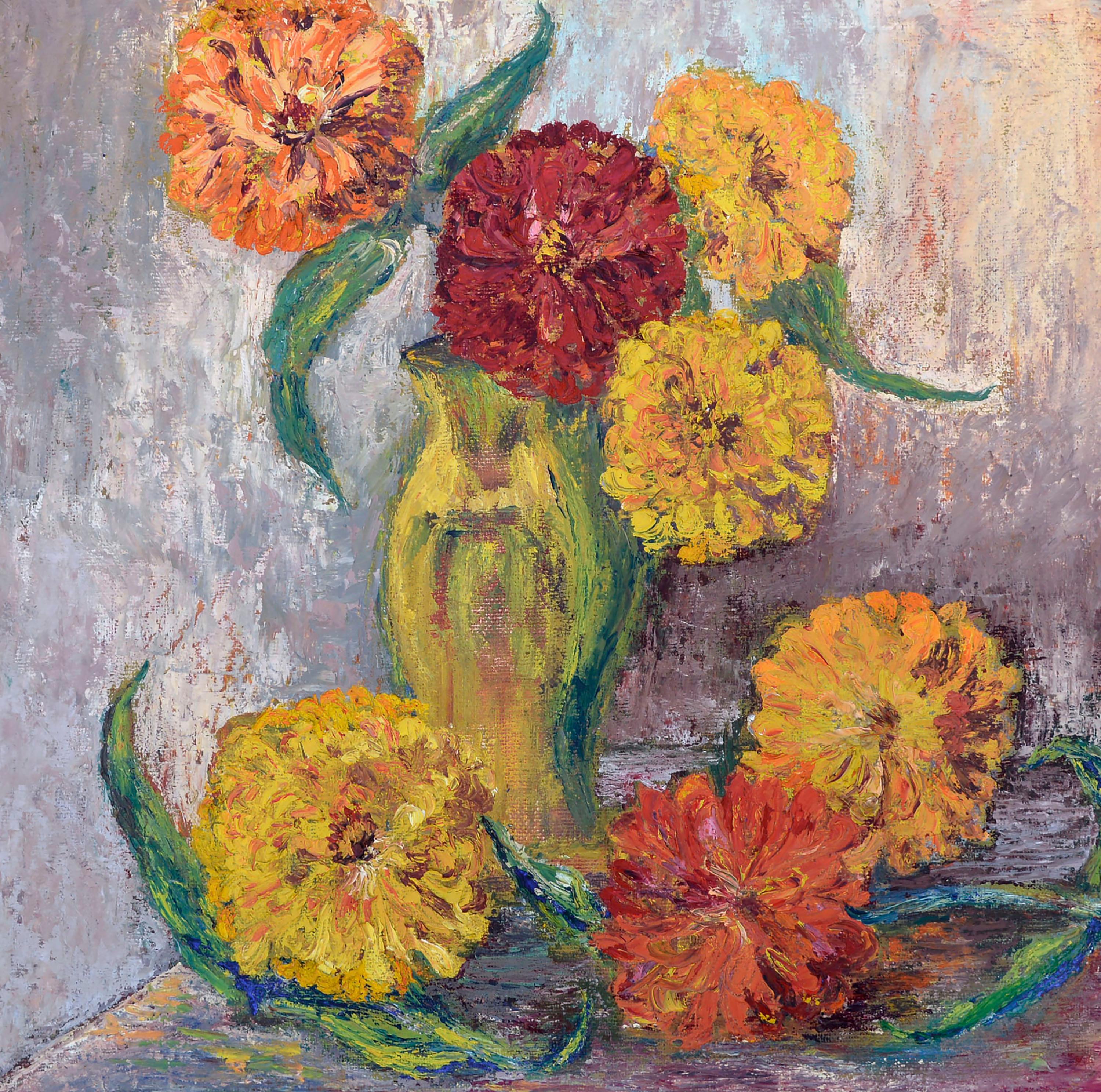 Mid Century Modern Impasto Zinnia Floral Still Life (Moderne), Painting, von Nona Beck Linneman