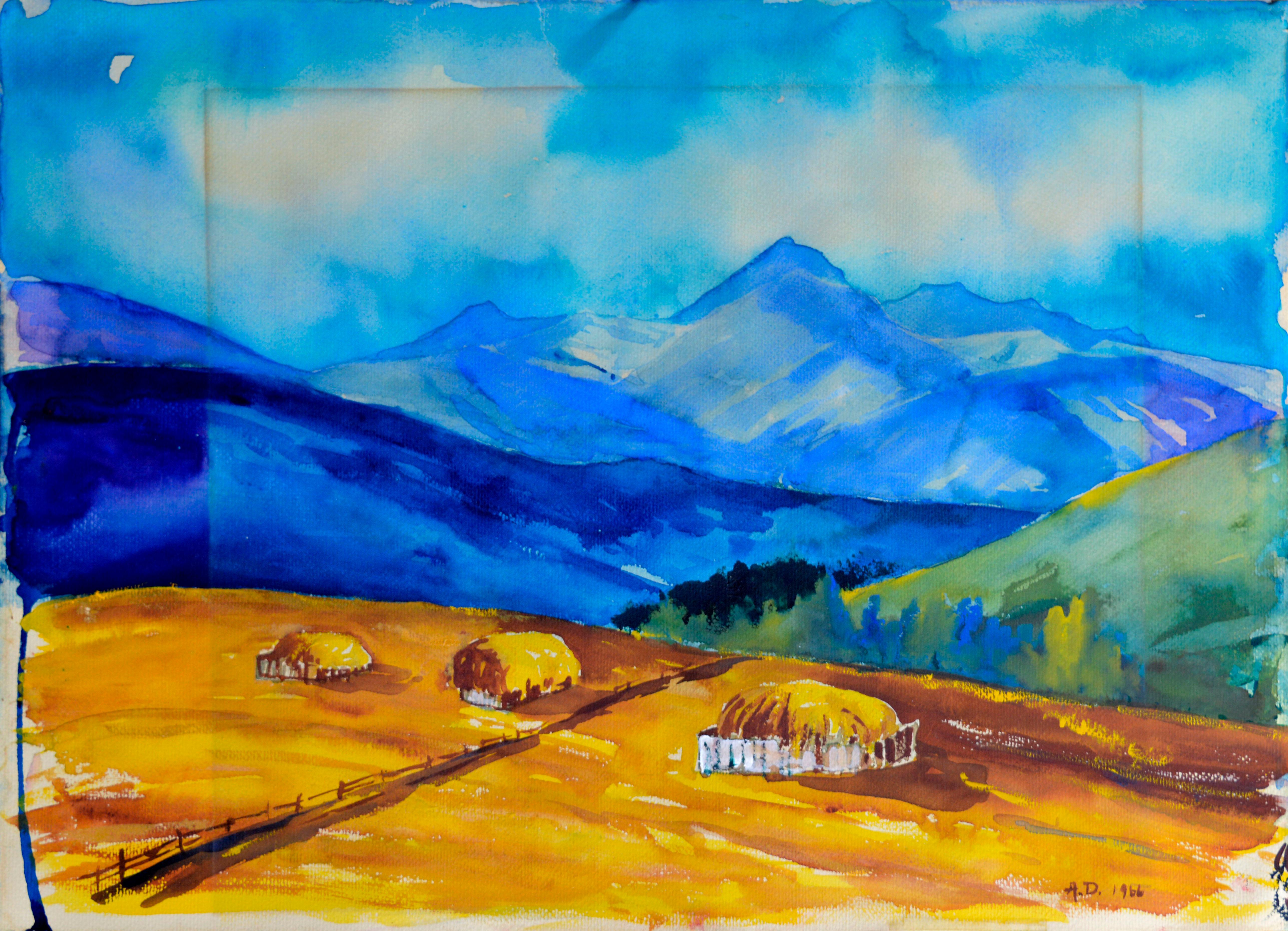 Paysage du milieu du siècle dernier - Blue Mountain - Gris Landscape Art par Unknown