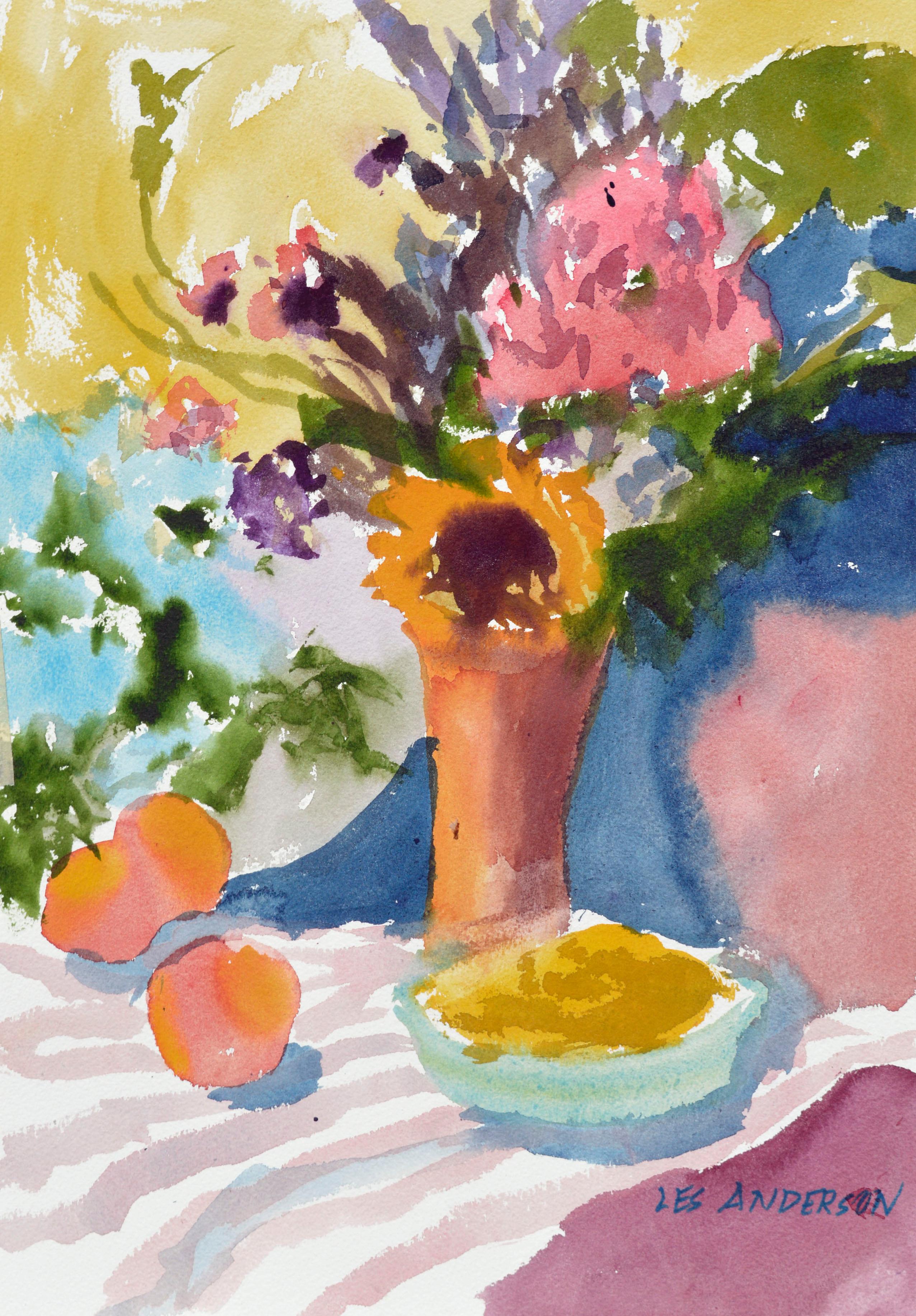 Les Anderson Still-Life - Flowers & Peaches - Summer Still Life 