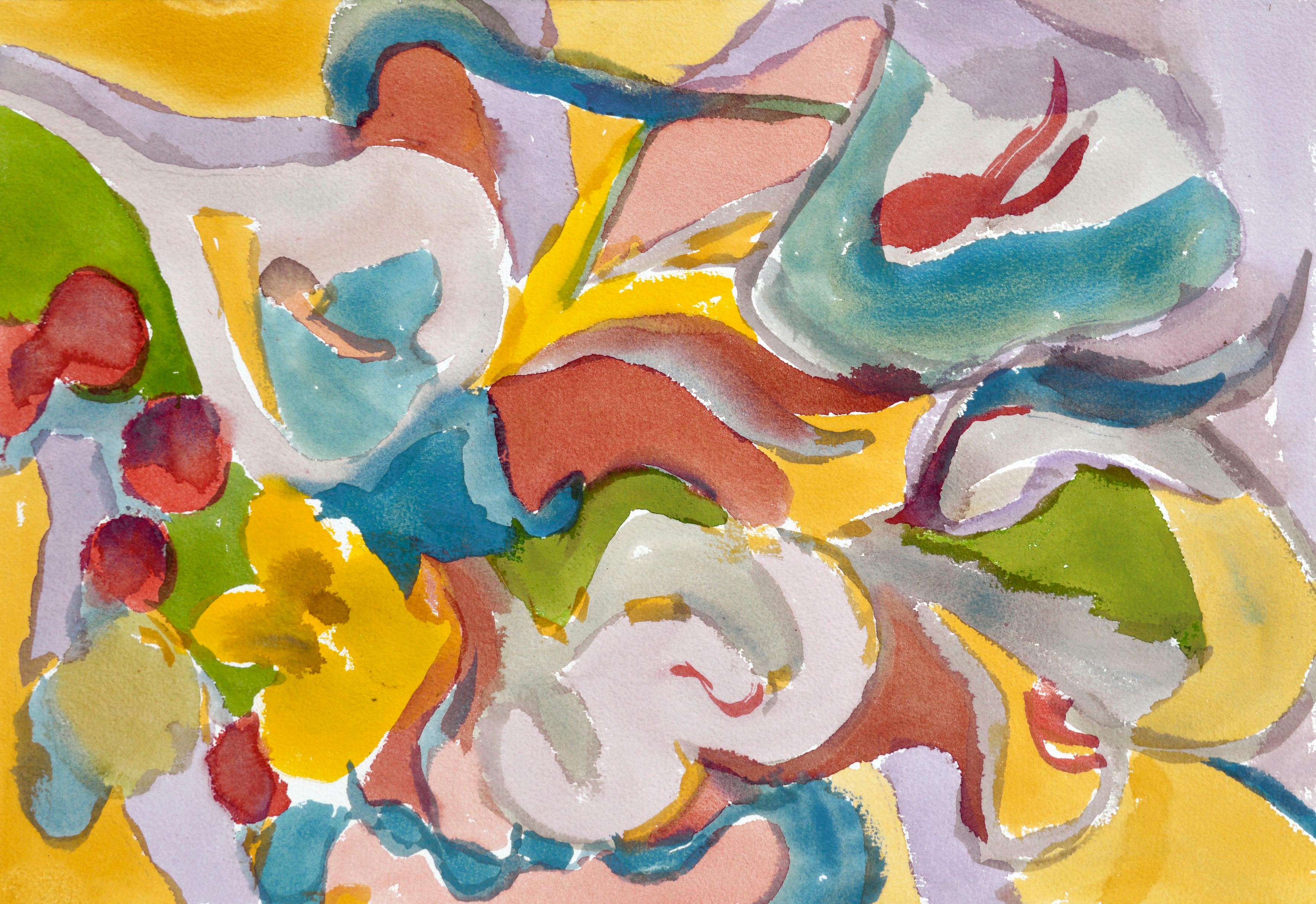 Les Anderson Abstract Drawing – Blumen florales abstraktes Aquarell