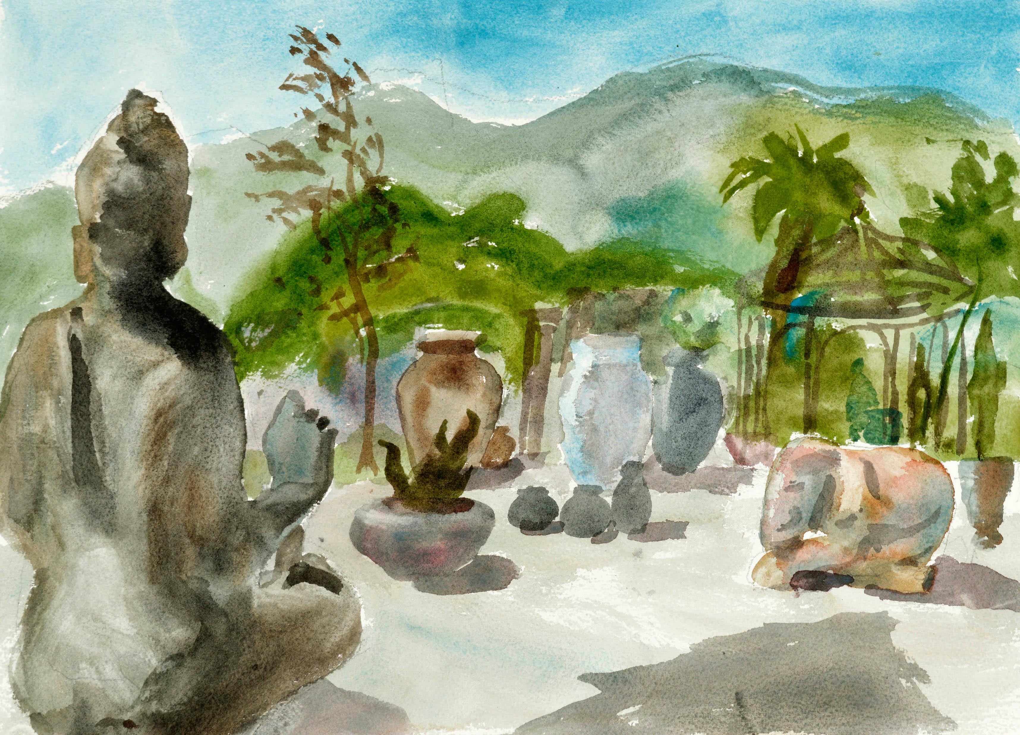 Zen Garden, Figurative Landscape with Buddah Sculpture & Plants