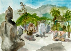 Jardin zen, paysage figuratif avec sculpture de bouddhistes et plantes