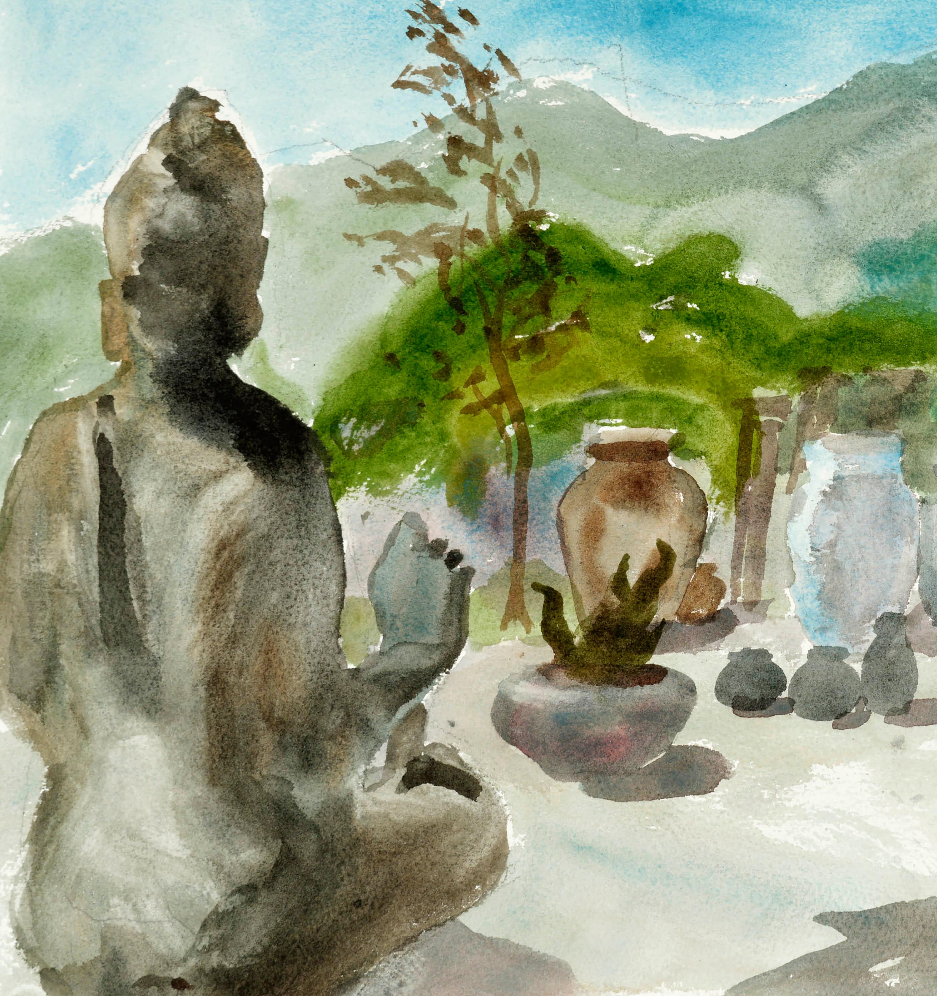 Zen Garden, Figurative Landscape with Buddah Sculpture & Plants - Art by Les Anderson