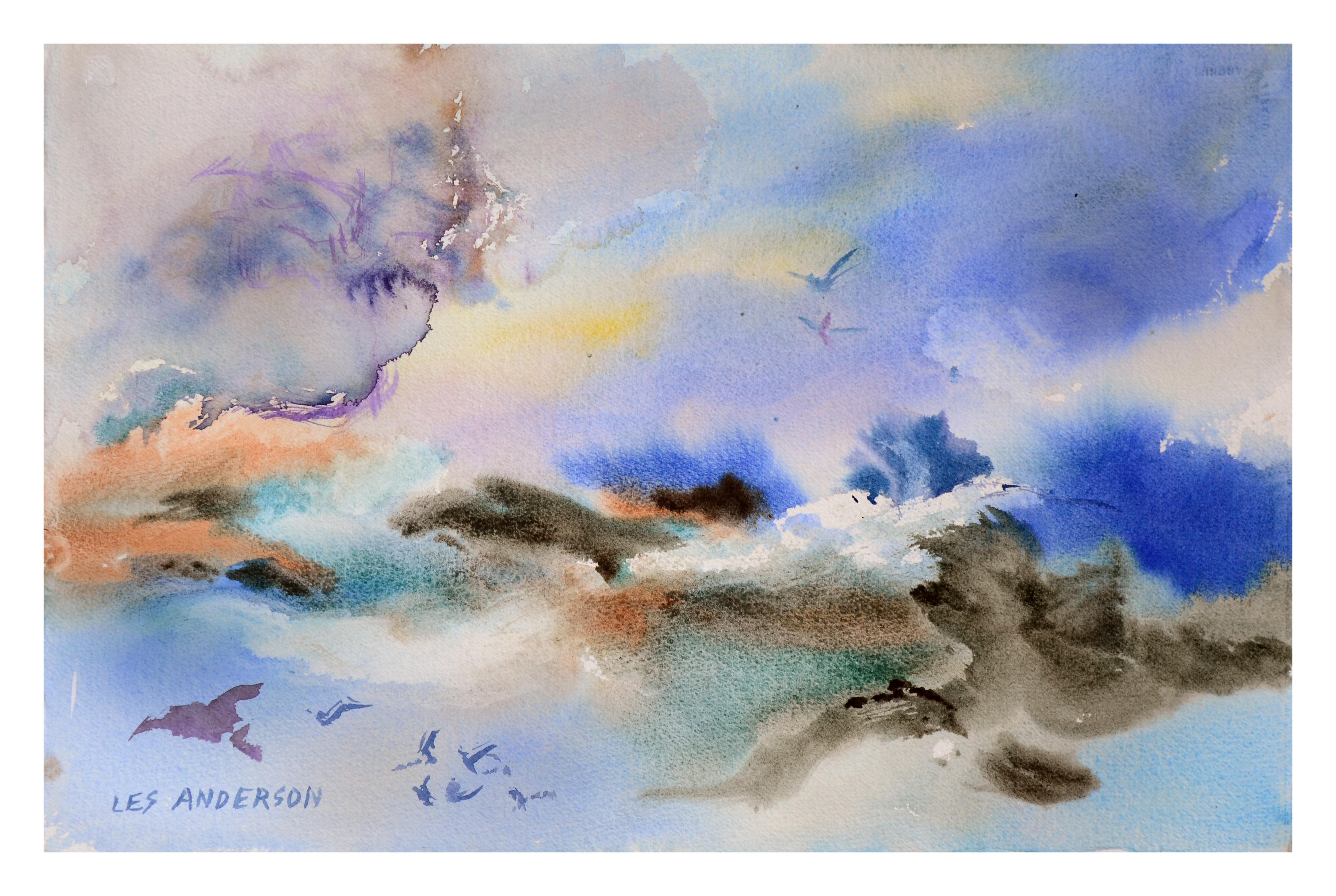 Les Anderson - Sky and Surf - Abstracted Watercolor Landscape with Birds  For Sale at 1stDibs