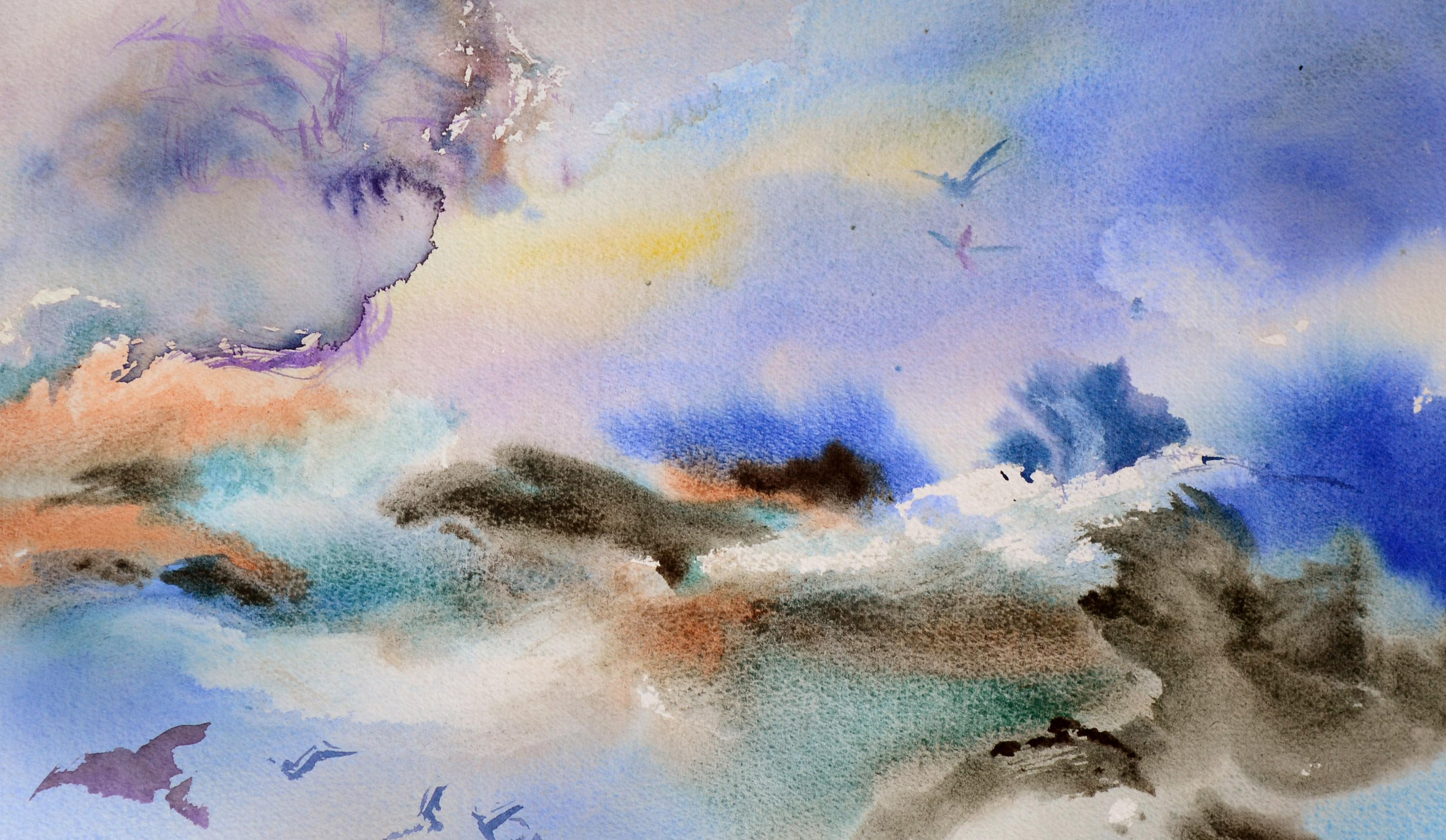 Sky & Surf - Abstrakte Aquarelllandschaft mit Vögeln – Art von Les Anderson