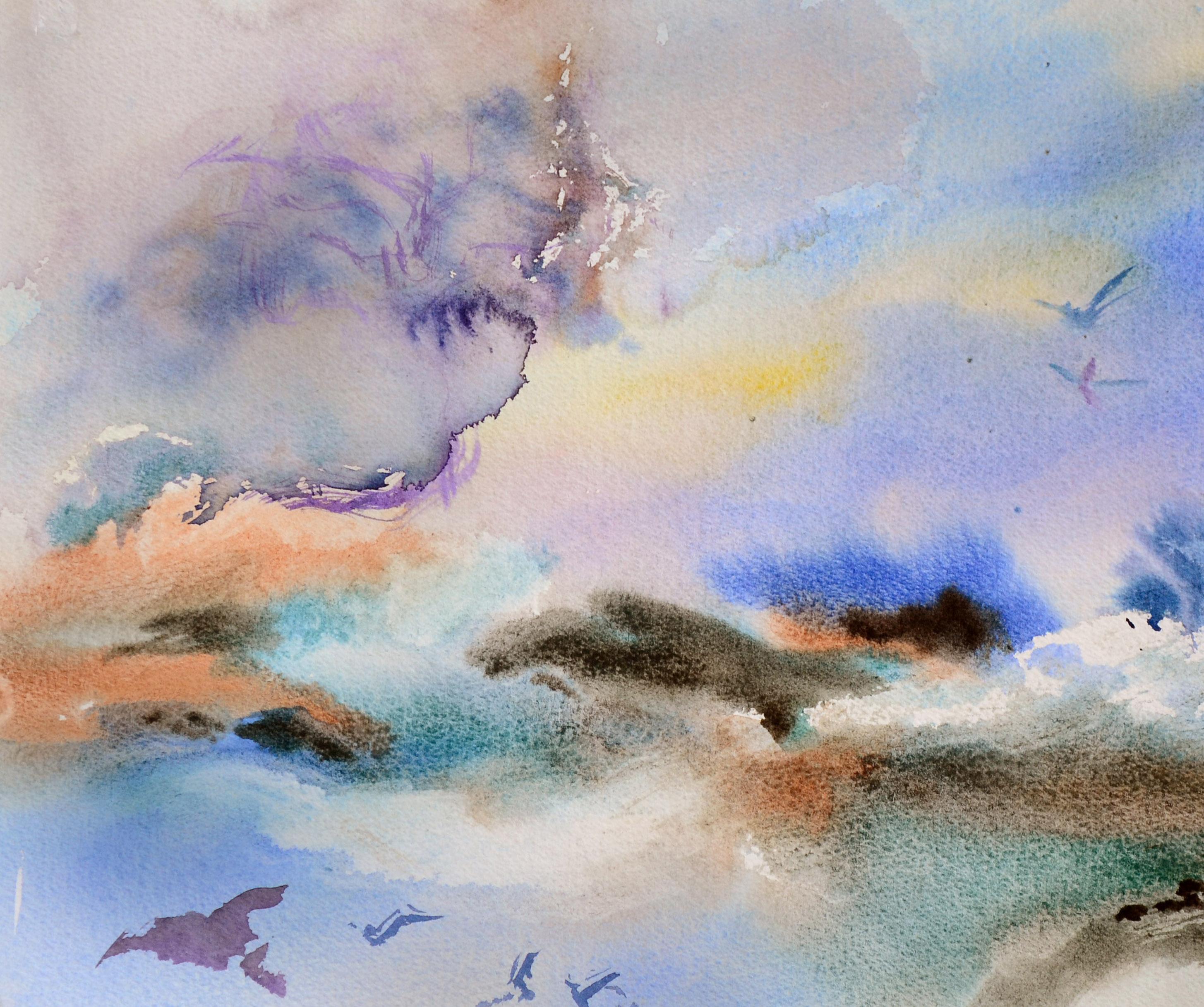 Sky & Surf - Abstrakte Aquarelllandschaft mit Vögeln  (Amerikanischer Impressionismus), Art, von Les Anderson