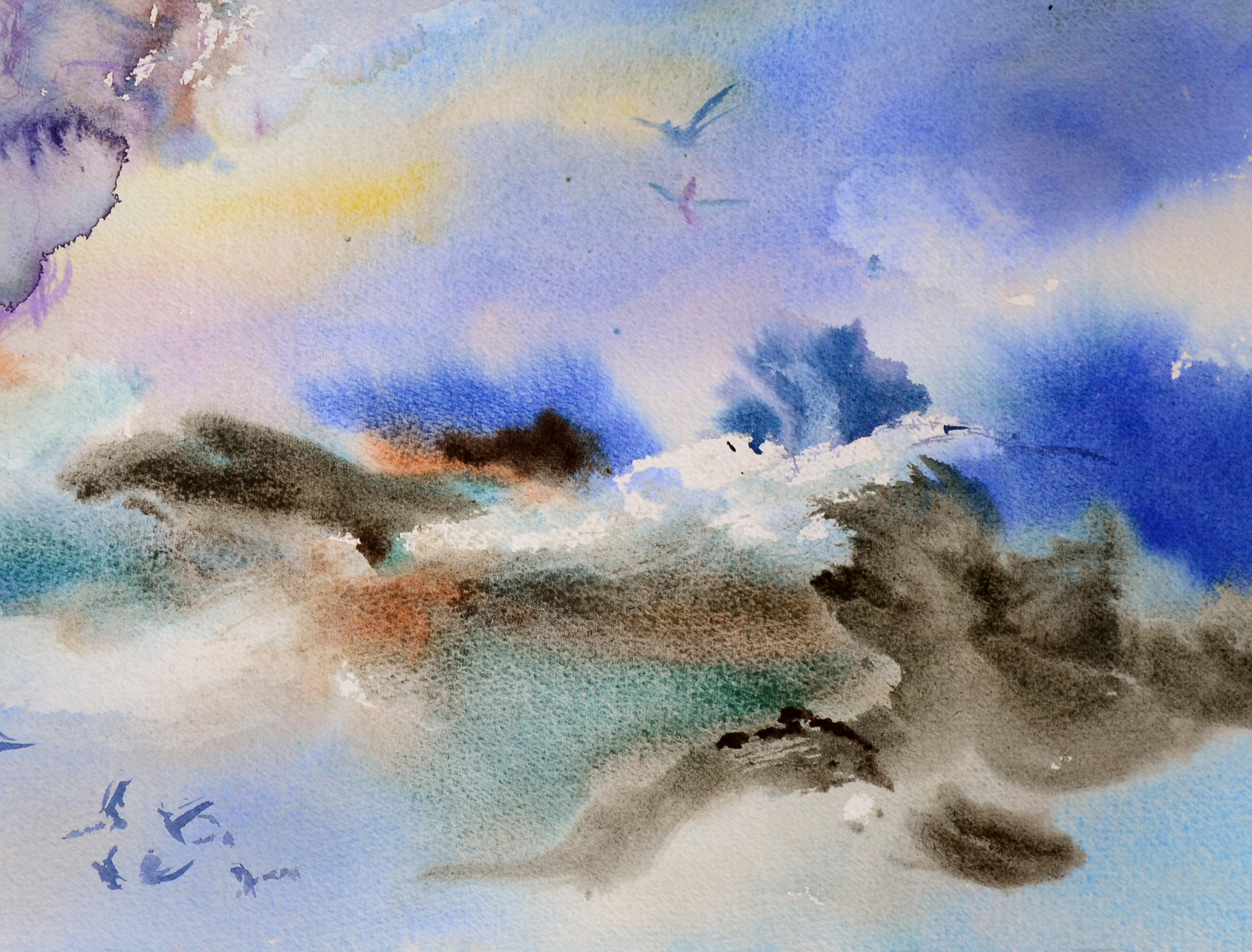 Sky & Surf - Abstrakte Aquarelllandschaft mit Vögeln  (Grau), Landscape Art, von Les Anderson