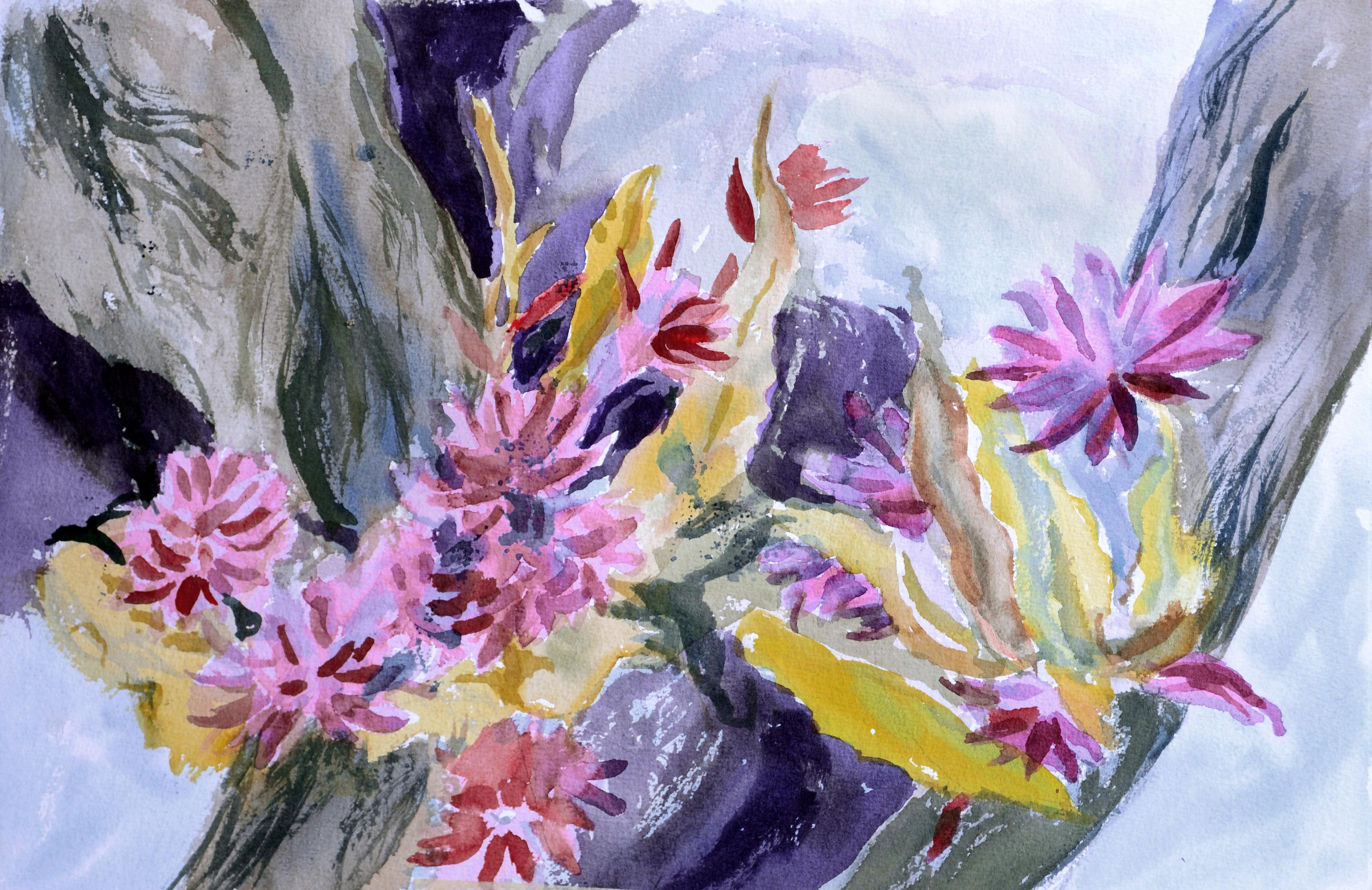 Aquarelle biface - Chrysanthèmes et abstrait coloré
