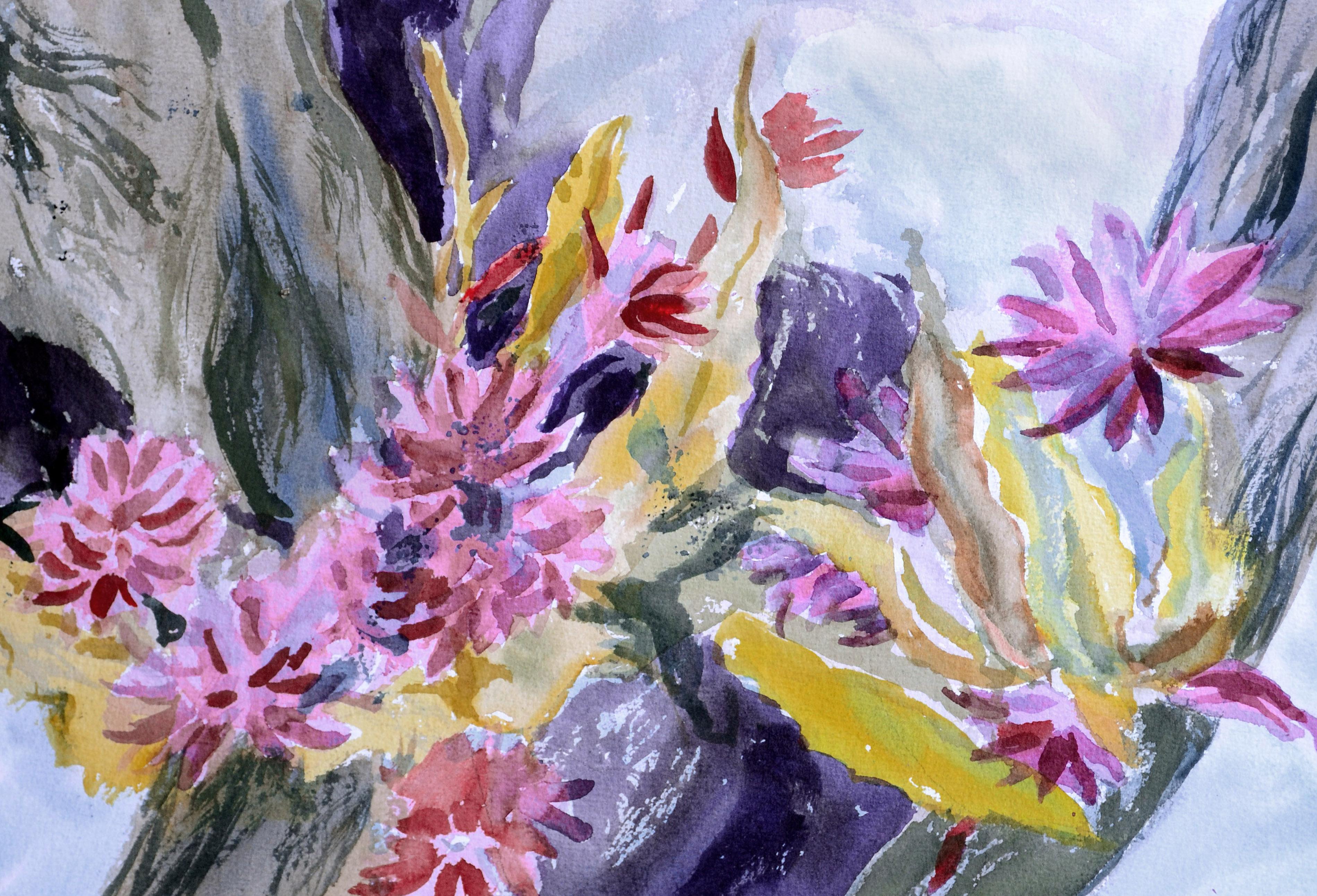 Chrysanthemums & Colorful Abstract - Two Sided Watercolor - Art by Les Anderson