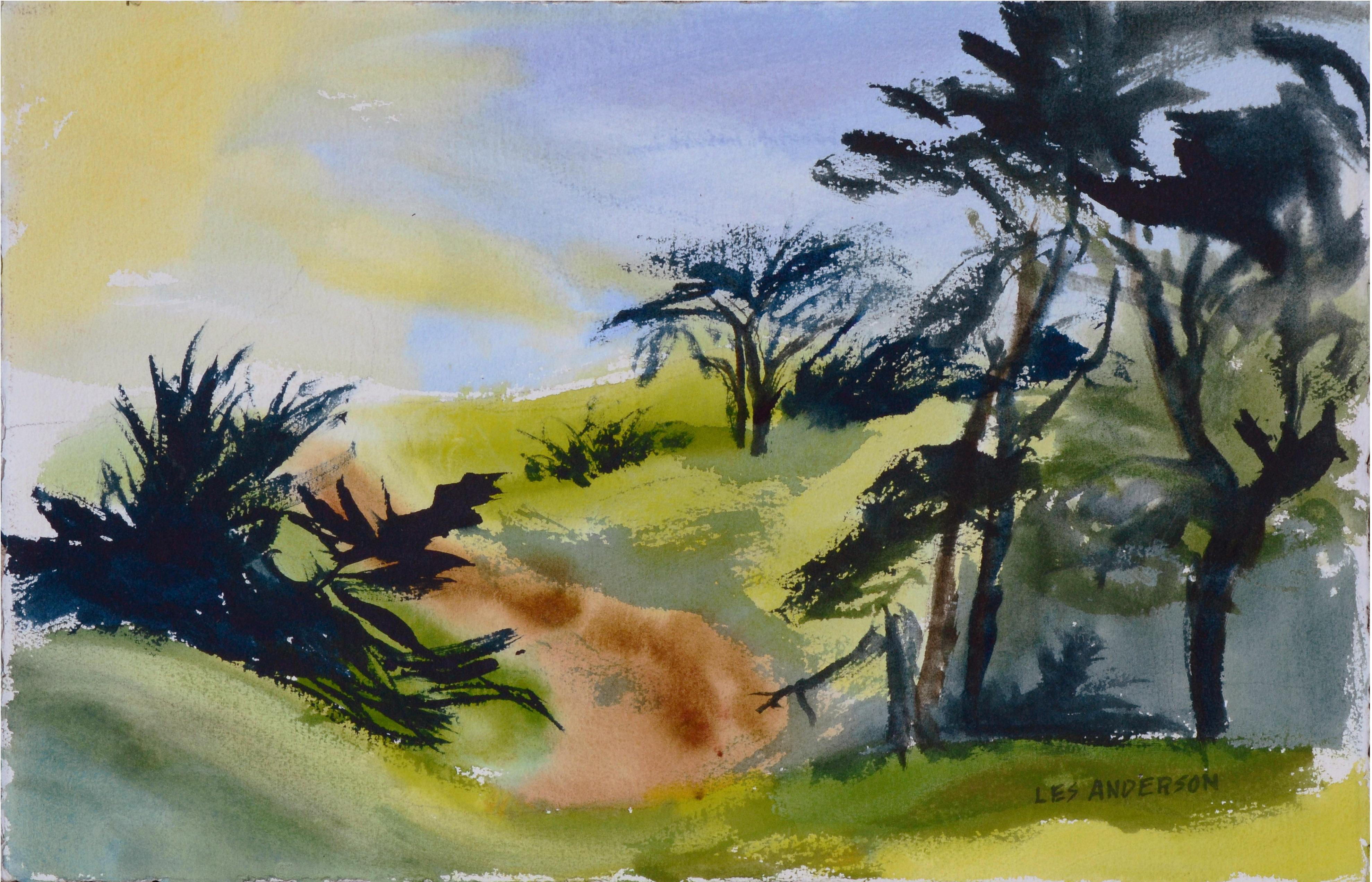 Zypressenpunkt Sonnenaufgang / Pt. Lobos Meereslandschaft – Doppelseitiges Aquarell – Art von Les Anderson